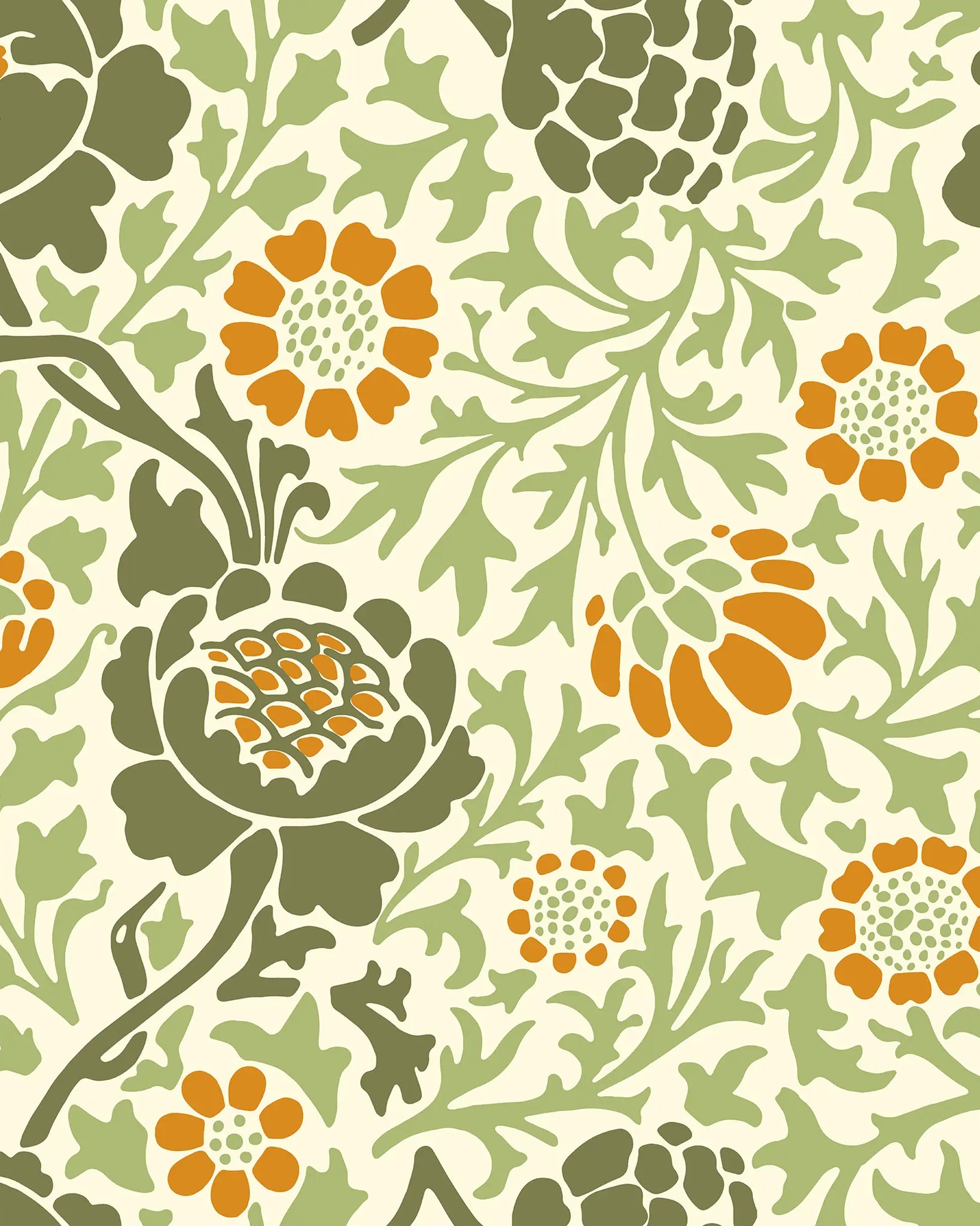 Floral pattern with orange and green flowers on a beige background