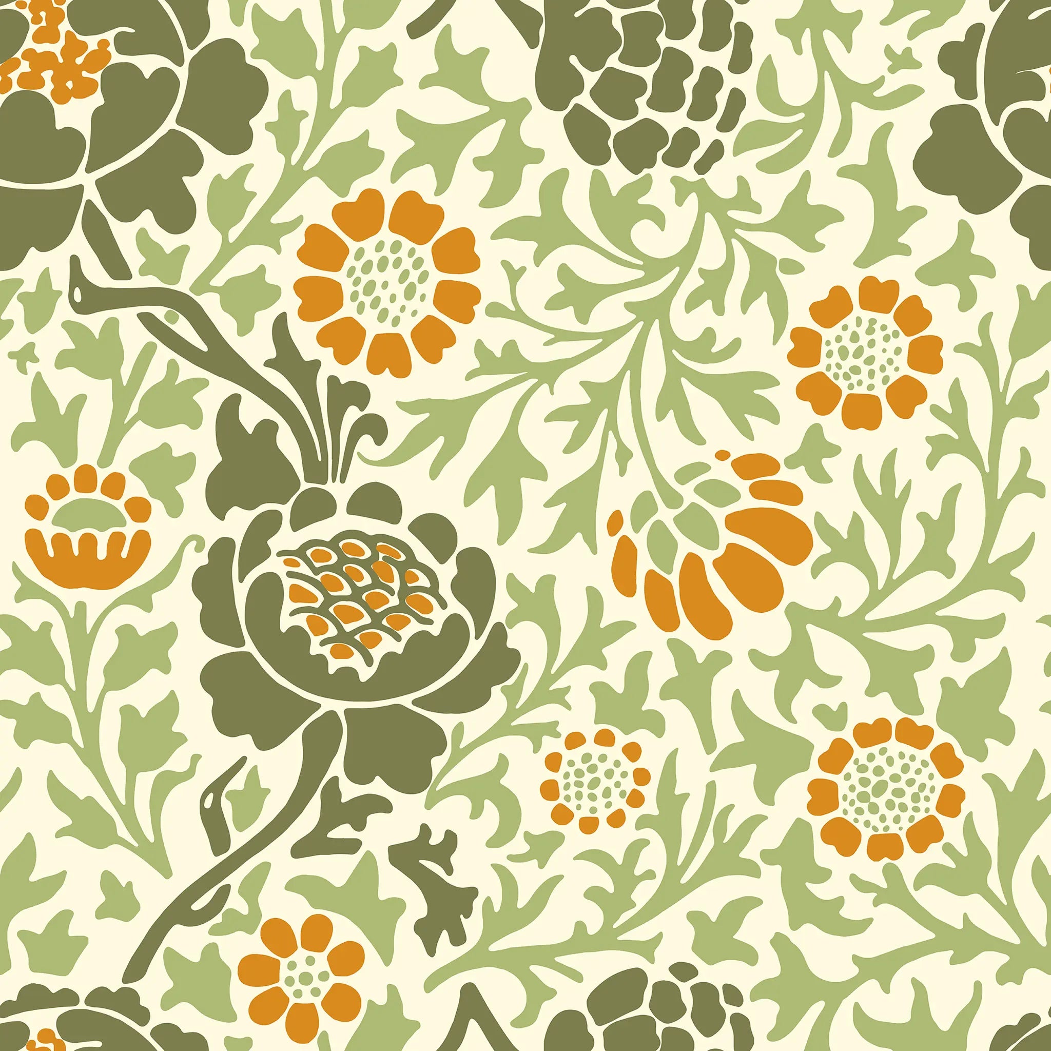 Floral pattern with orange and green flowers on a beige background