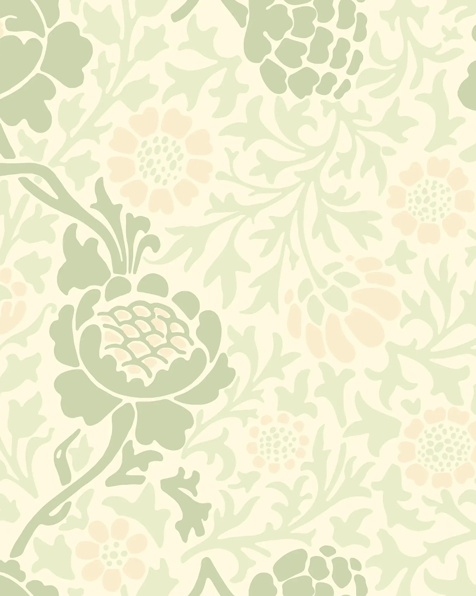 Floral pattern with green and pink flowers on a light green background