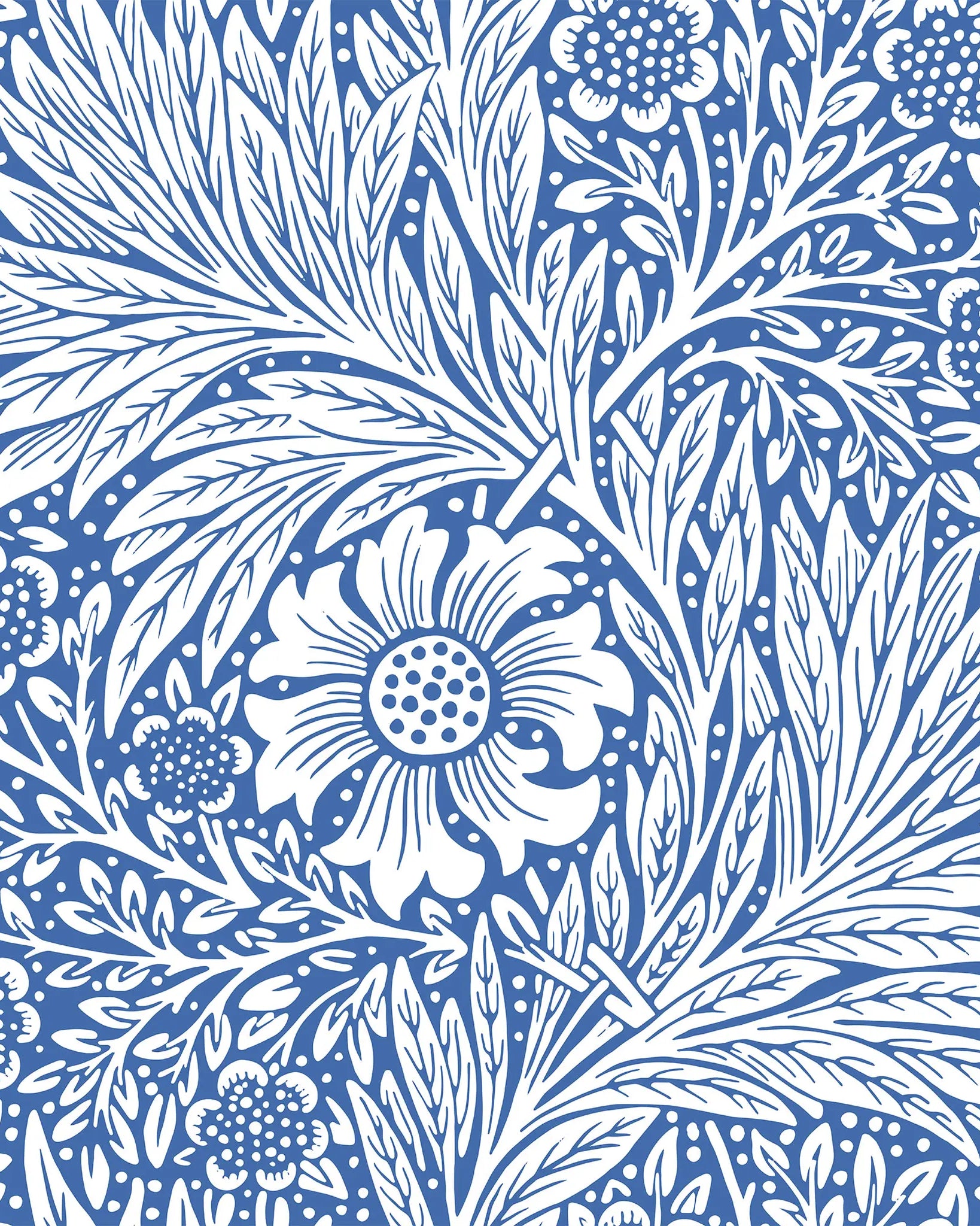 Floral and leaf pattern in white on a blue background