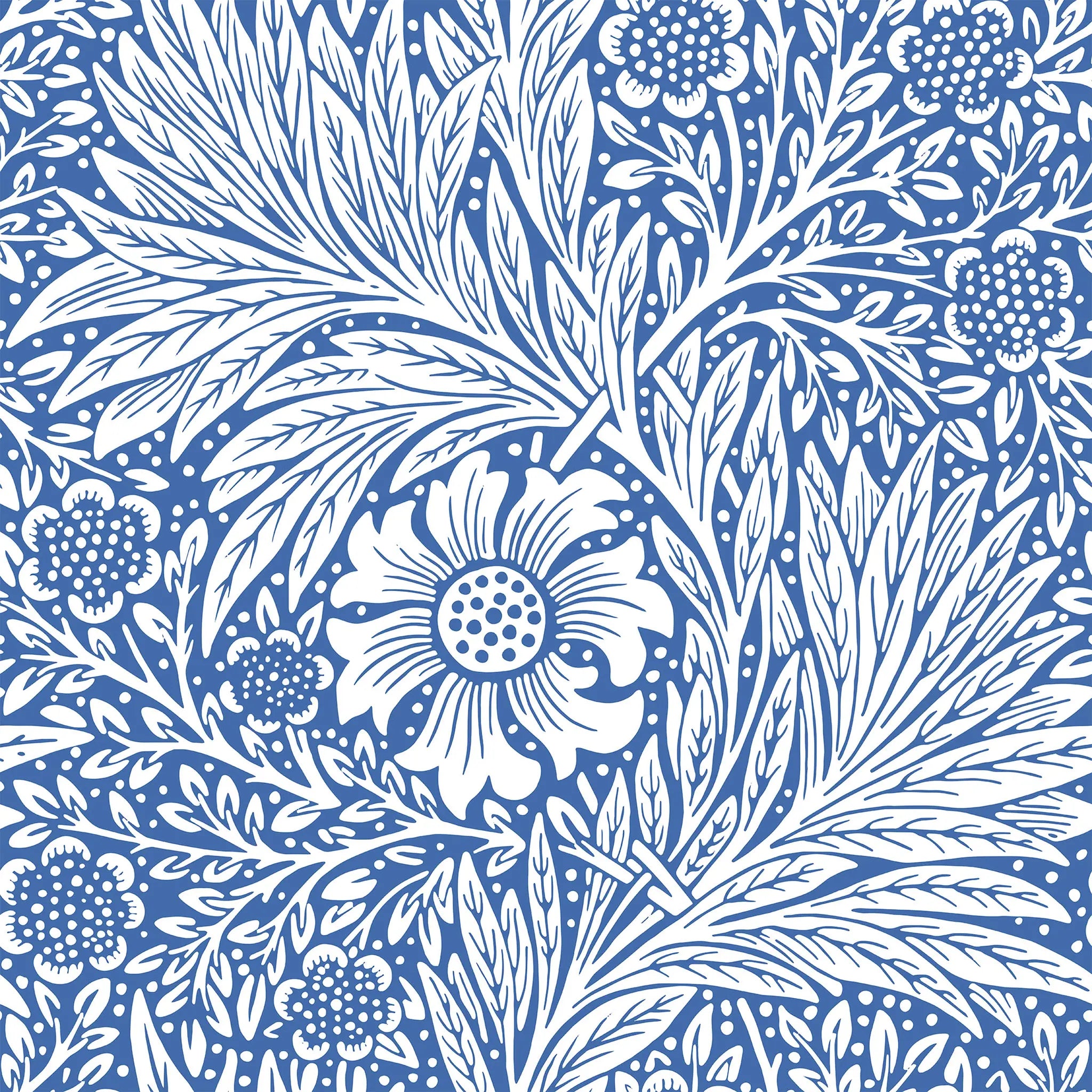 Floral and leaf pattern in white on a blue background