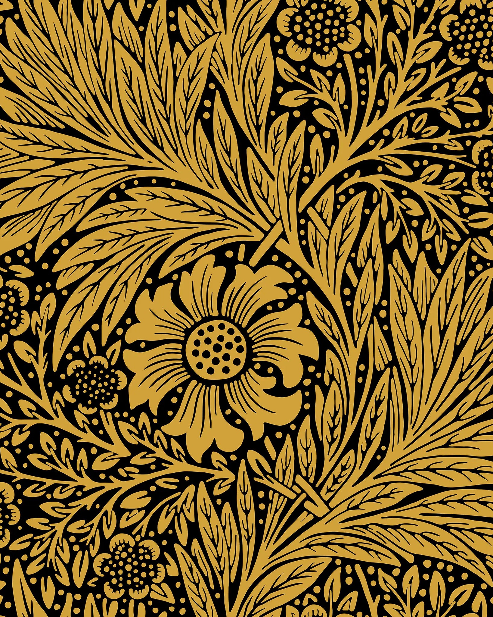 Gold floral and leaf pattern on a black background