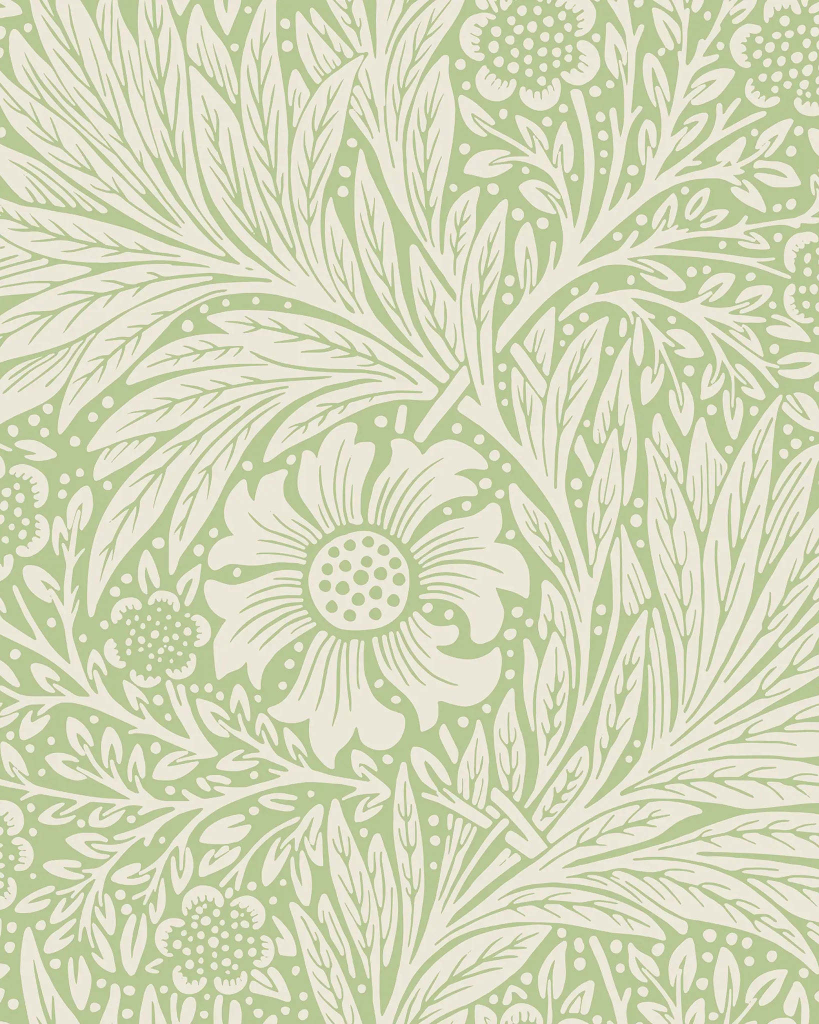 Decorative pattern with white flowers and leaves on a light green background