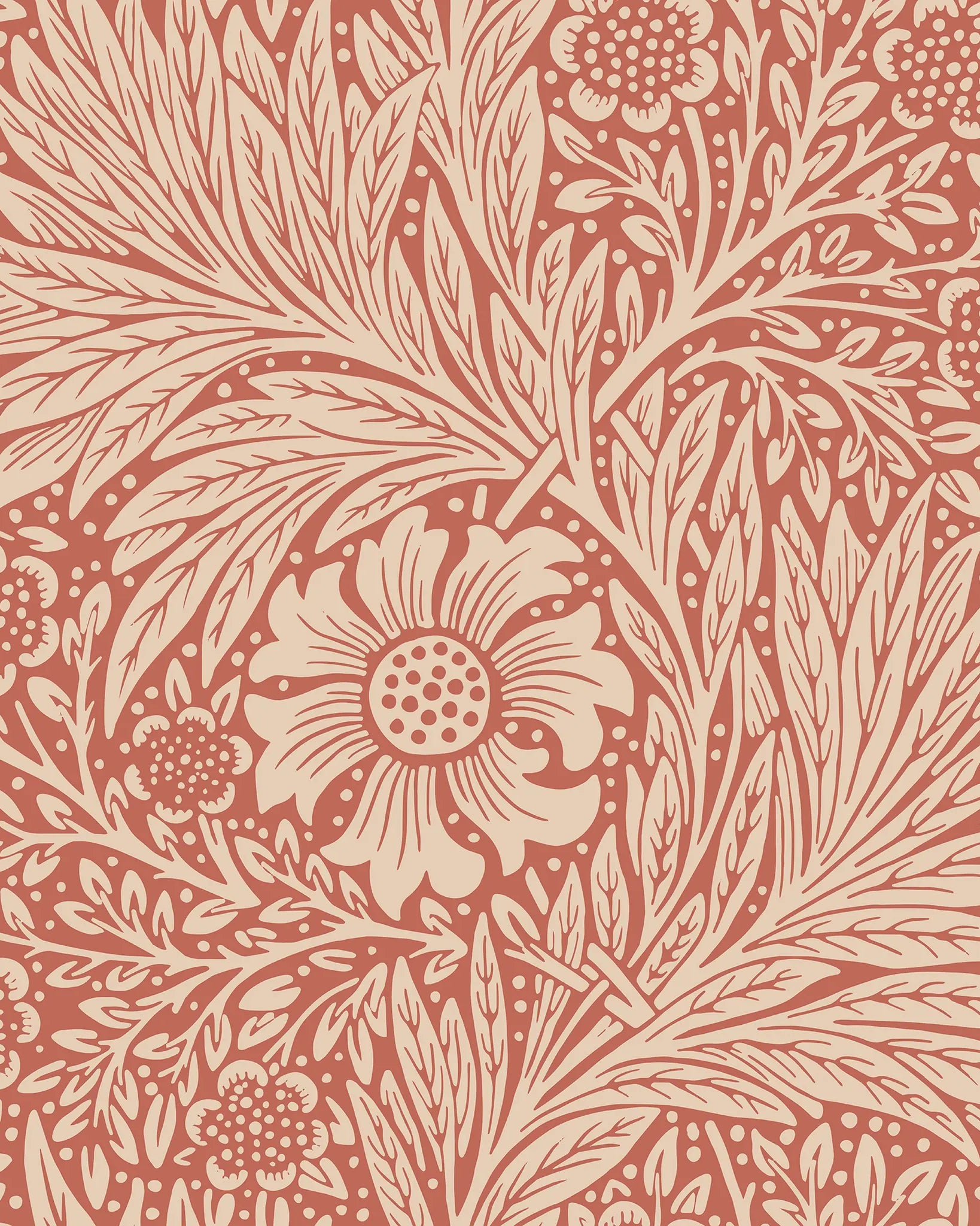 Decorative floral and leaf pattern in beige on a red background