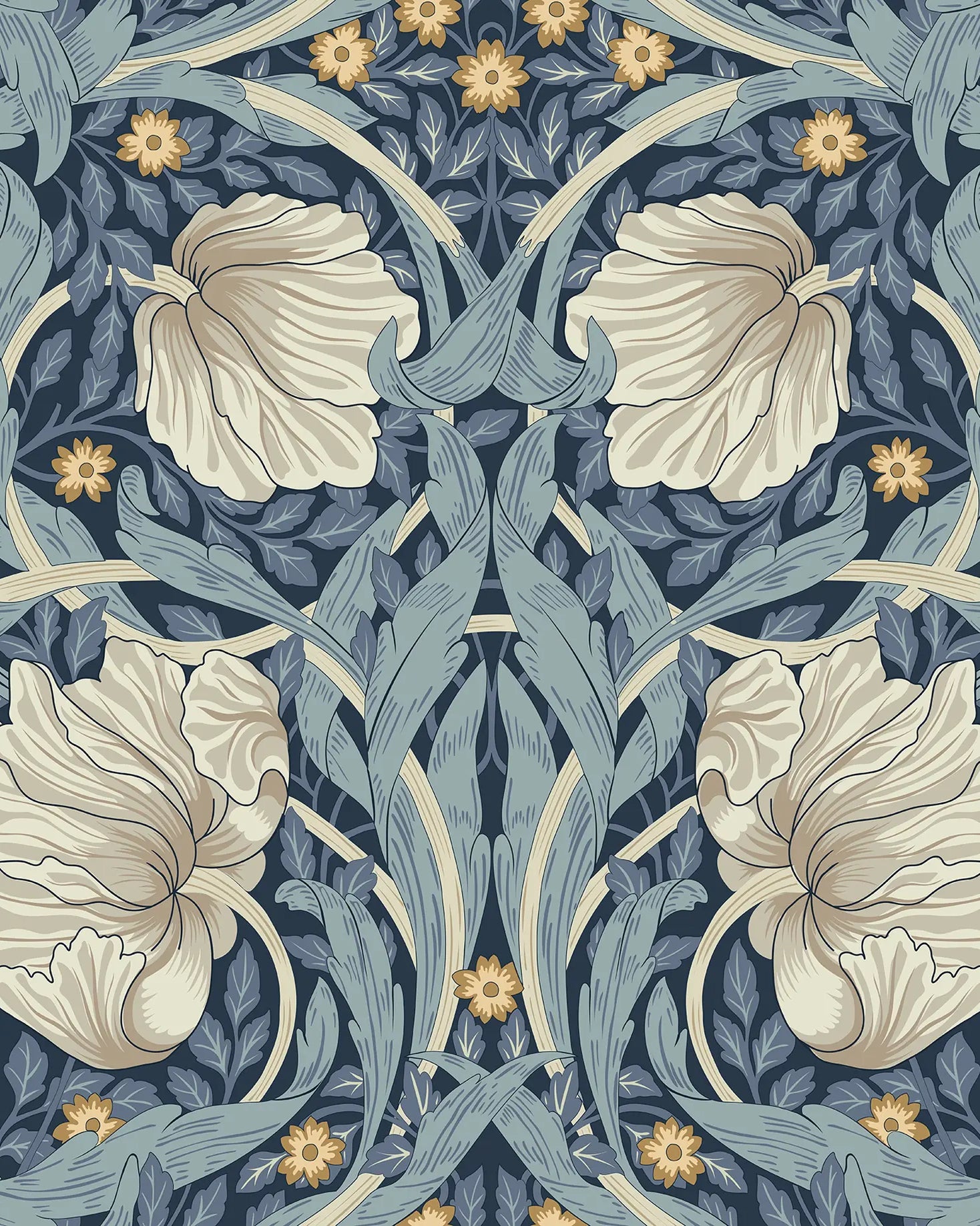 Floral pattern with beige flowers and green leaves on a dark blue background