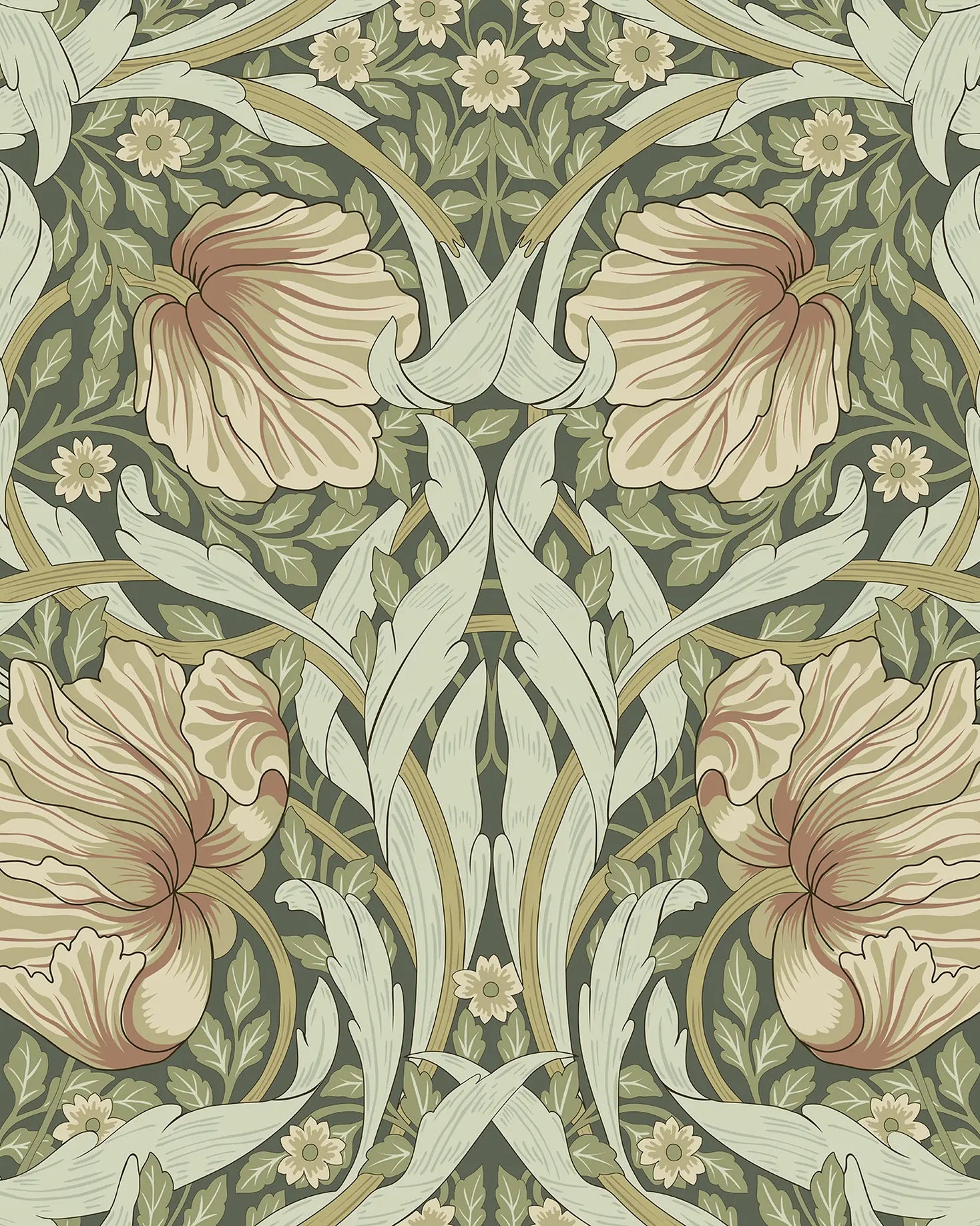 Decorative floral pattern with beige flowers and green leaves on a dark background