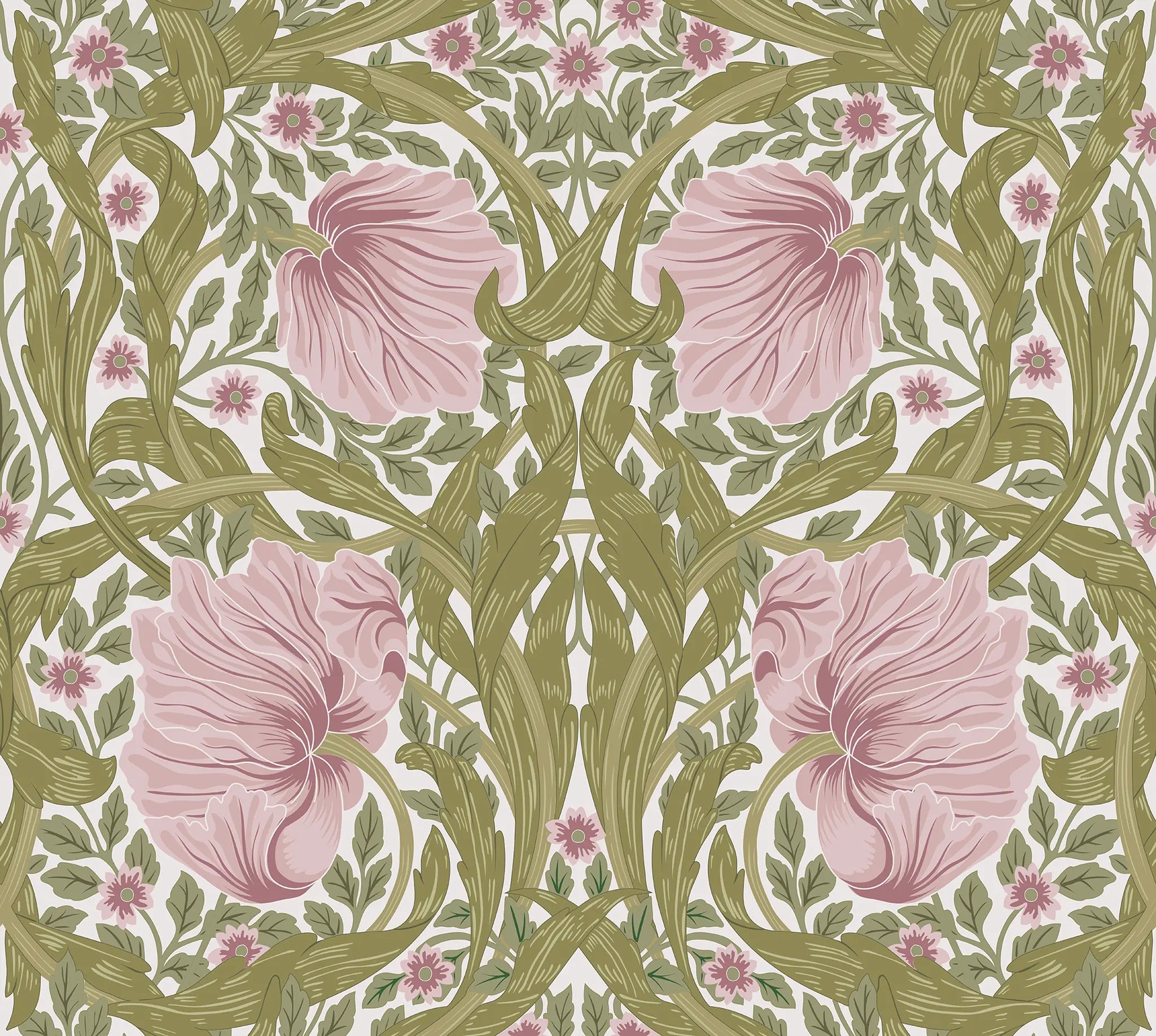 Patterned design with pink flowers and green leaves on a white background