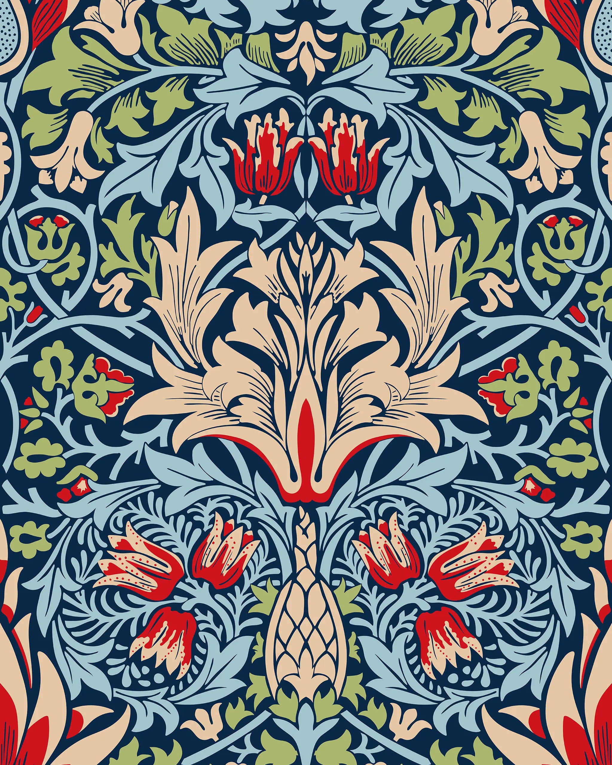 Decorative floral pattern with red, beige, and green colors on a blue background