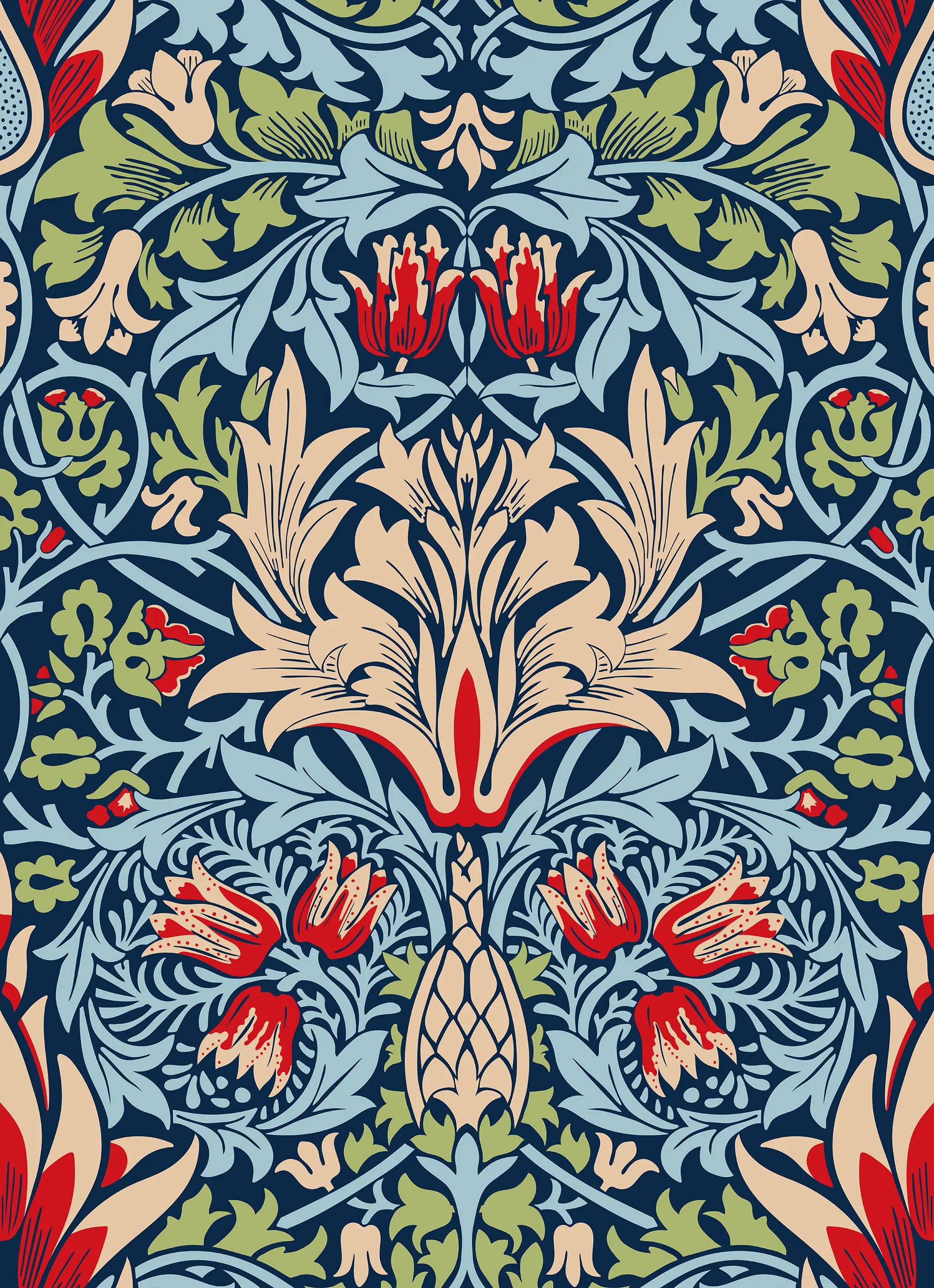 Decorative floral pattern with red, beige, and green colors on a blue background