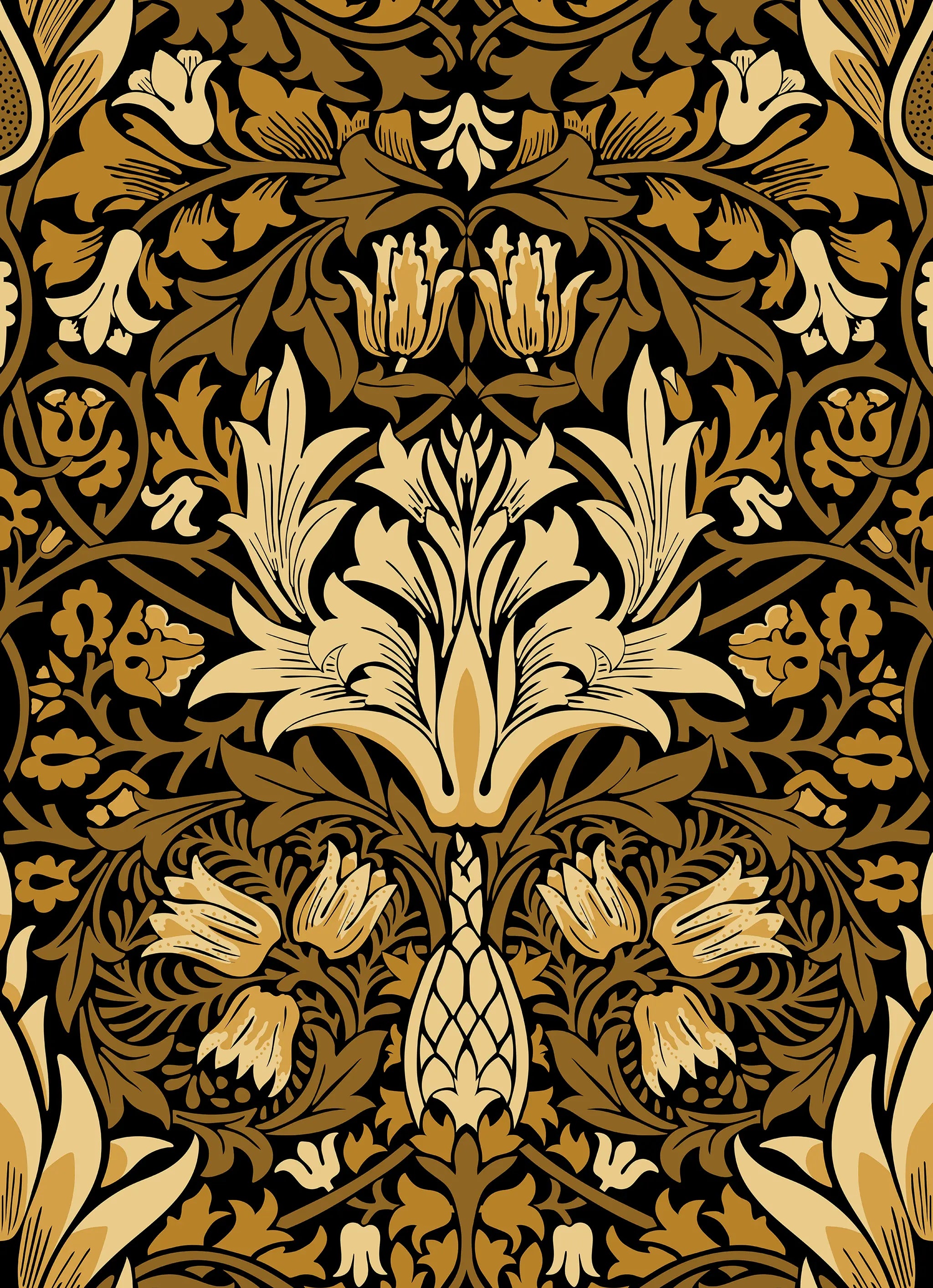 Decorative gold floral pattern on a black background