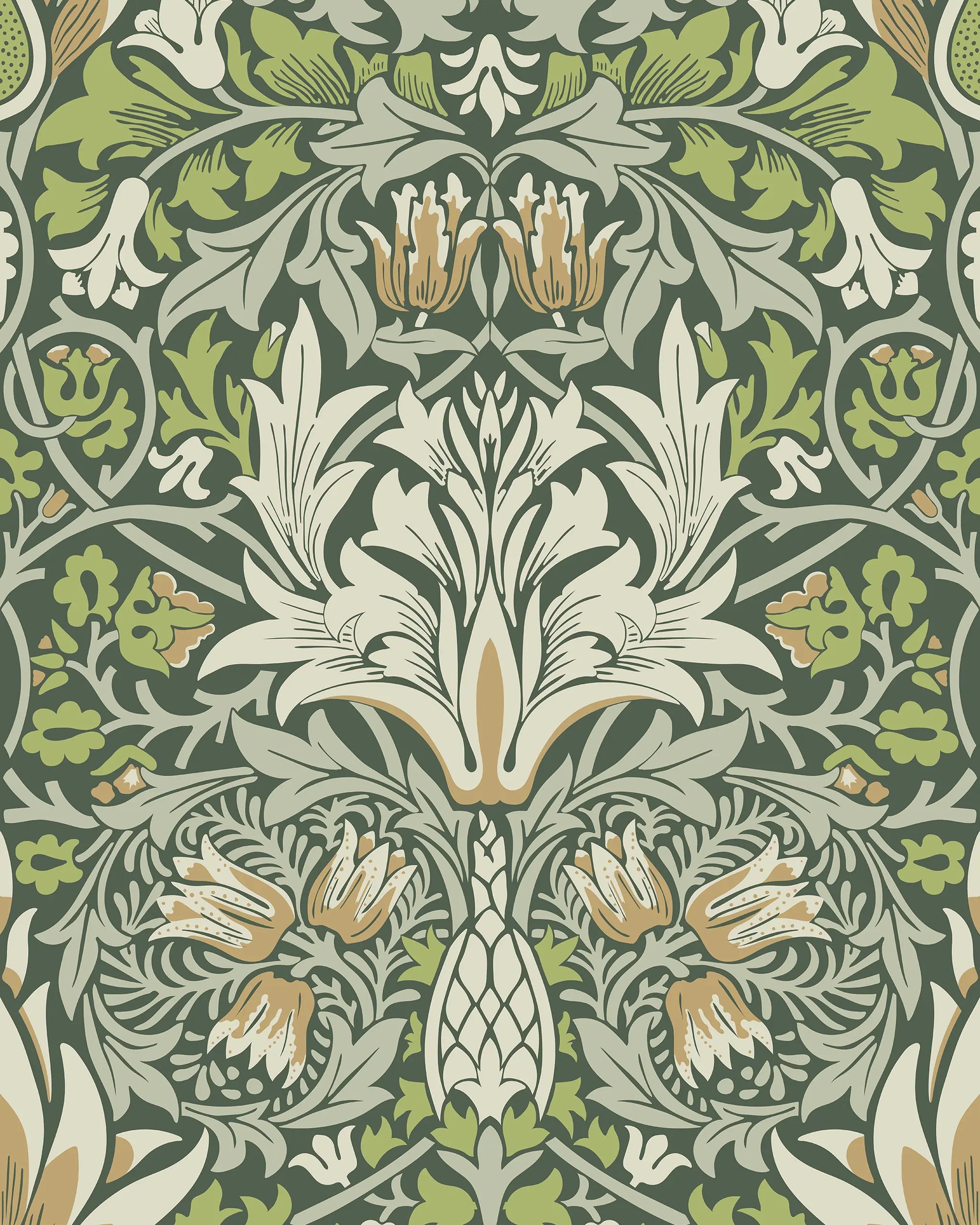Decorative floral pattern with green, beige, and white colors on a dark green background.