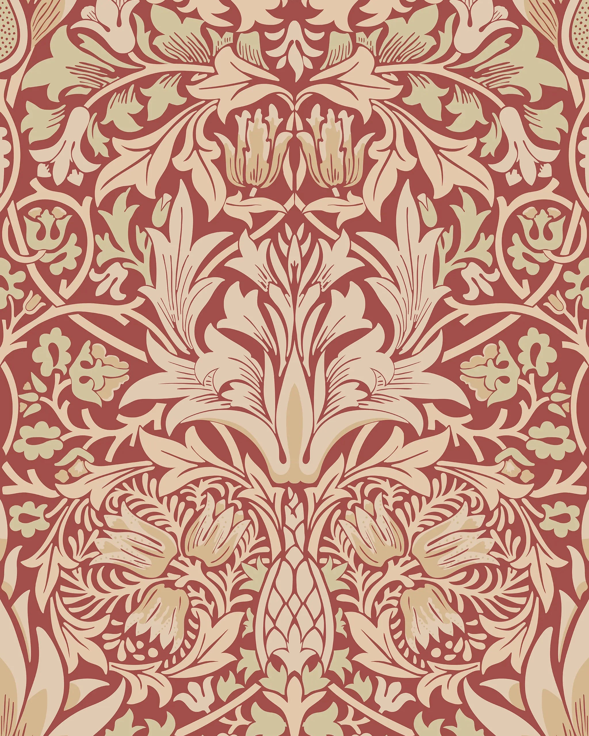Decorative floral pattern with beige flowers on a red background