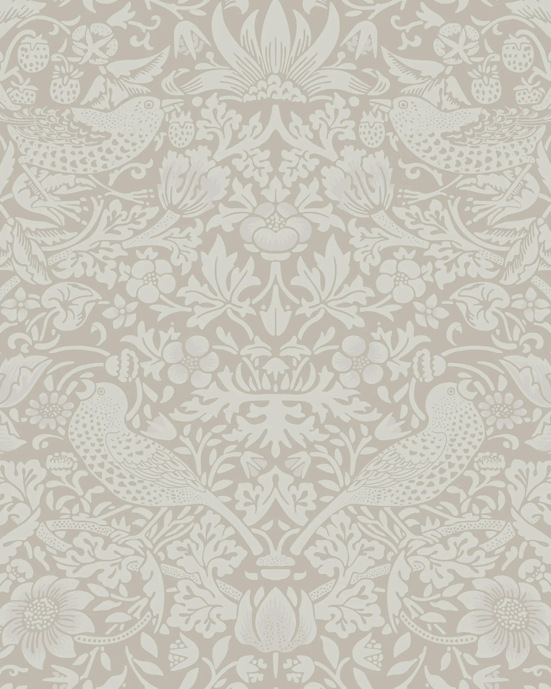 Decorative wallpaper with a floral and bird pattern in beige tones.