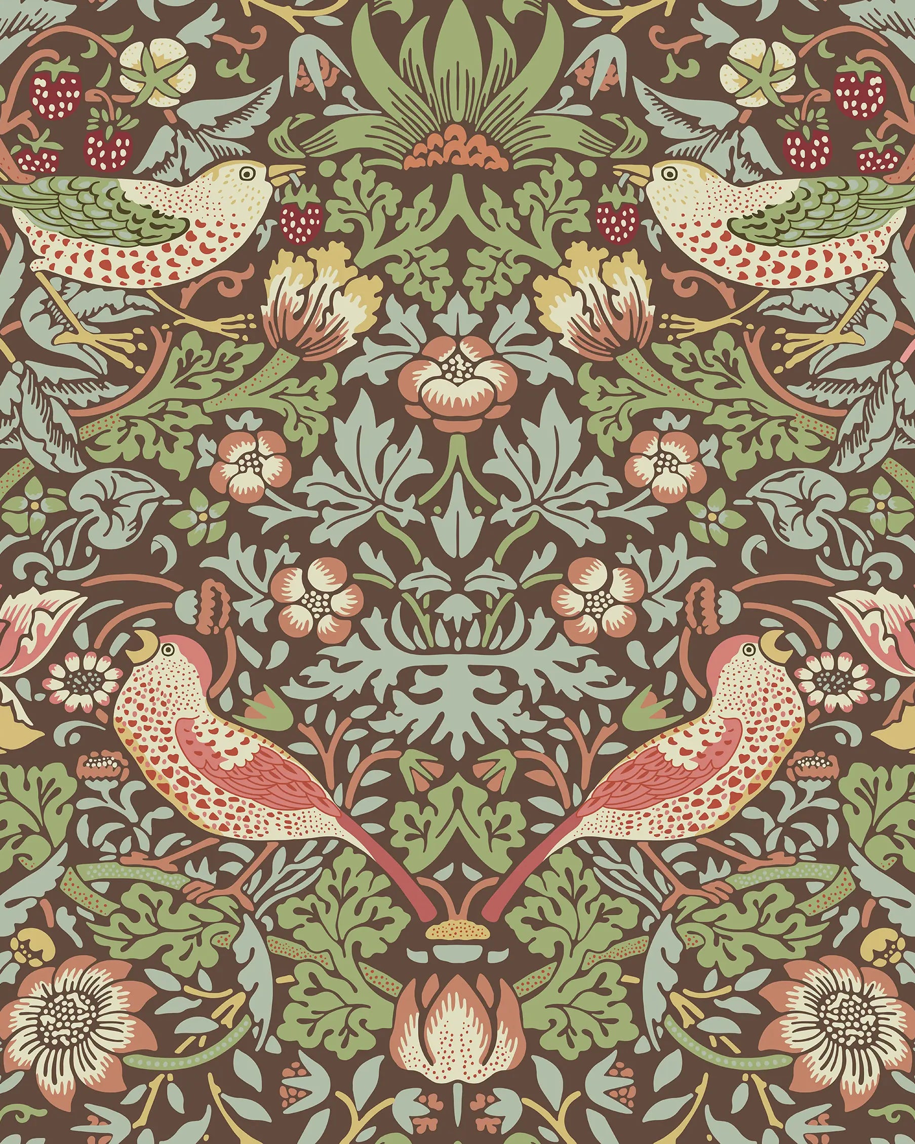 Decorative pattern with birds and flowers on a brown background