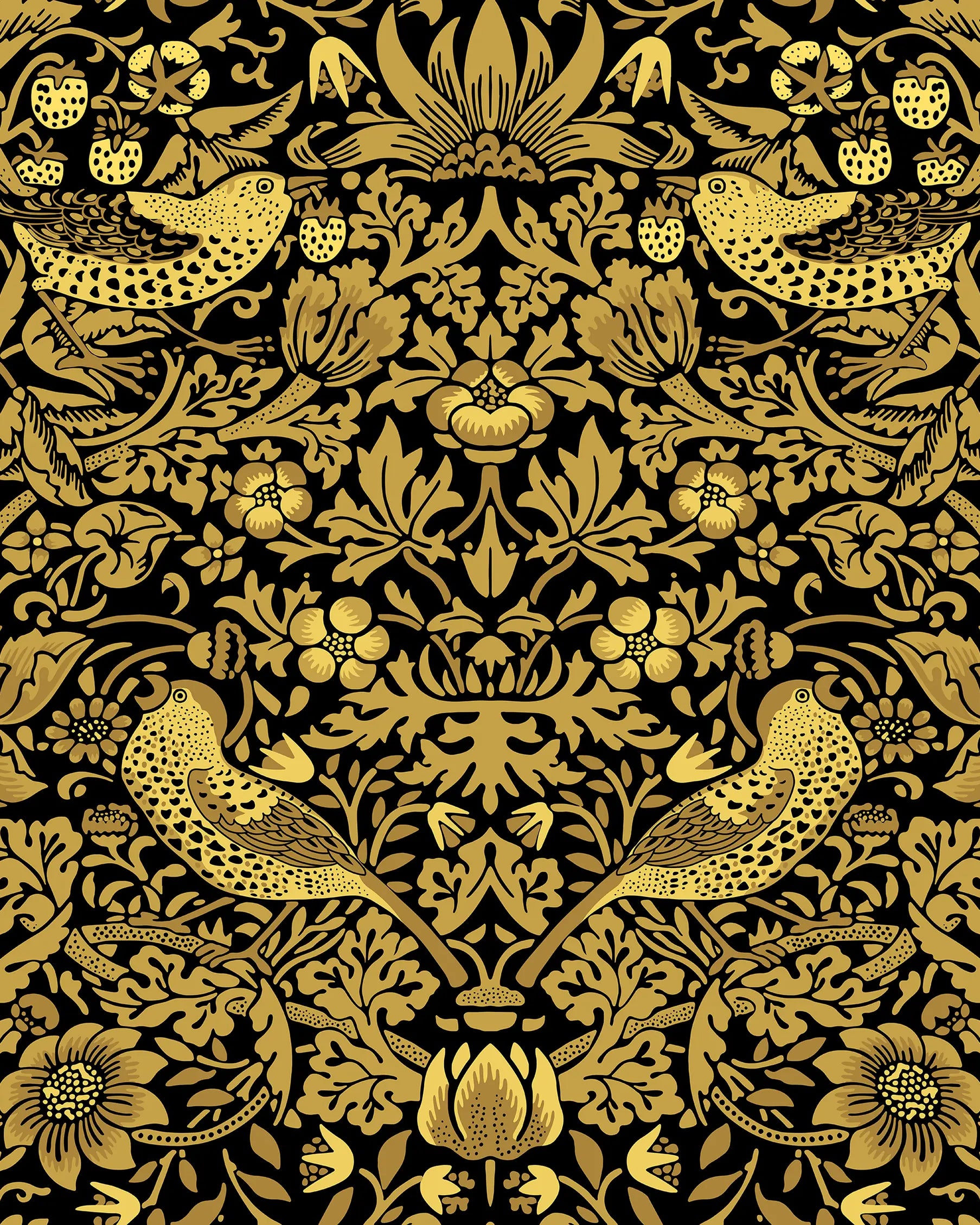 Decorative pattern with gold birds and flowers on a black background