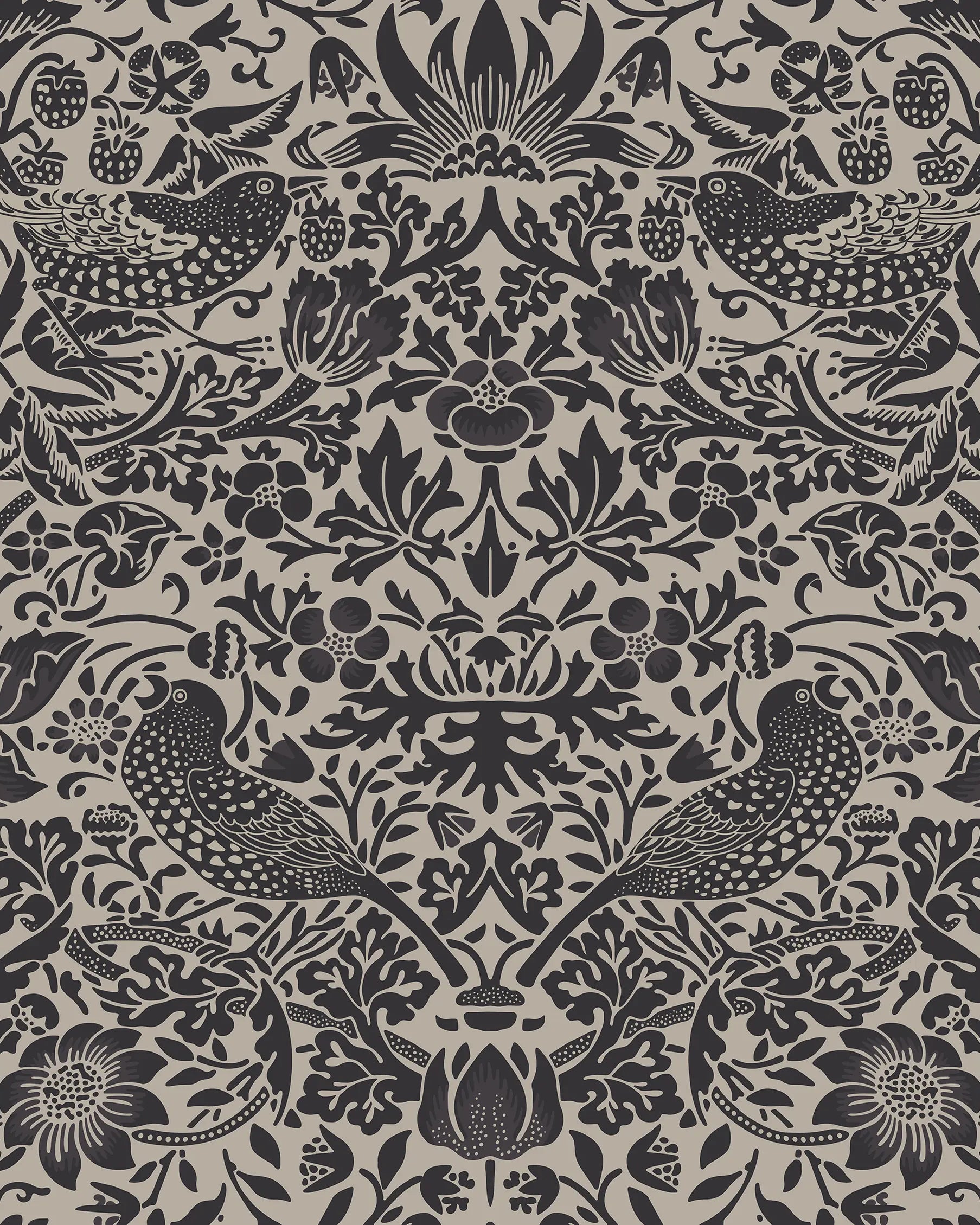 Patterned fabric with birds and floral designs in black on a beige background