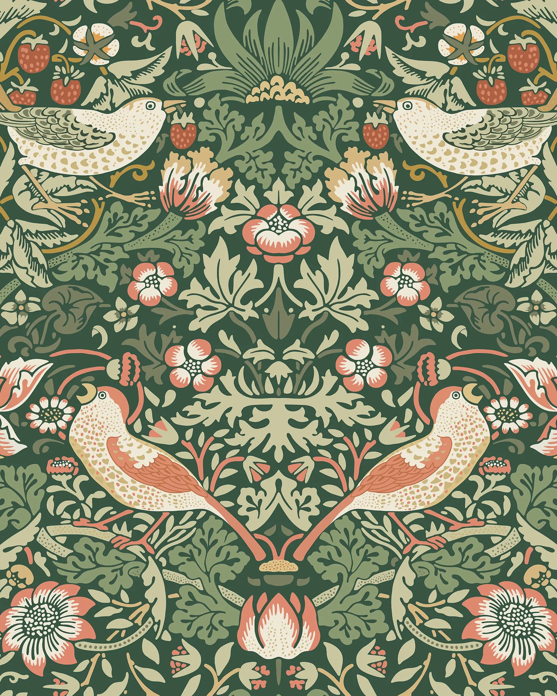 Decorative pattern with birds and flowers on a green background