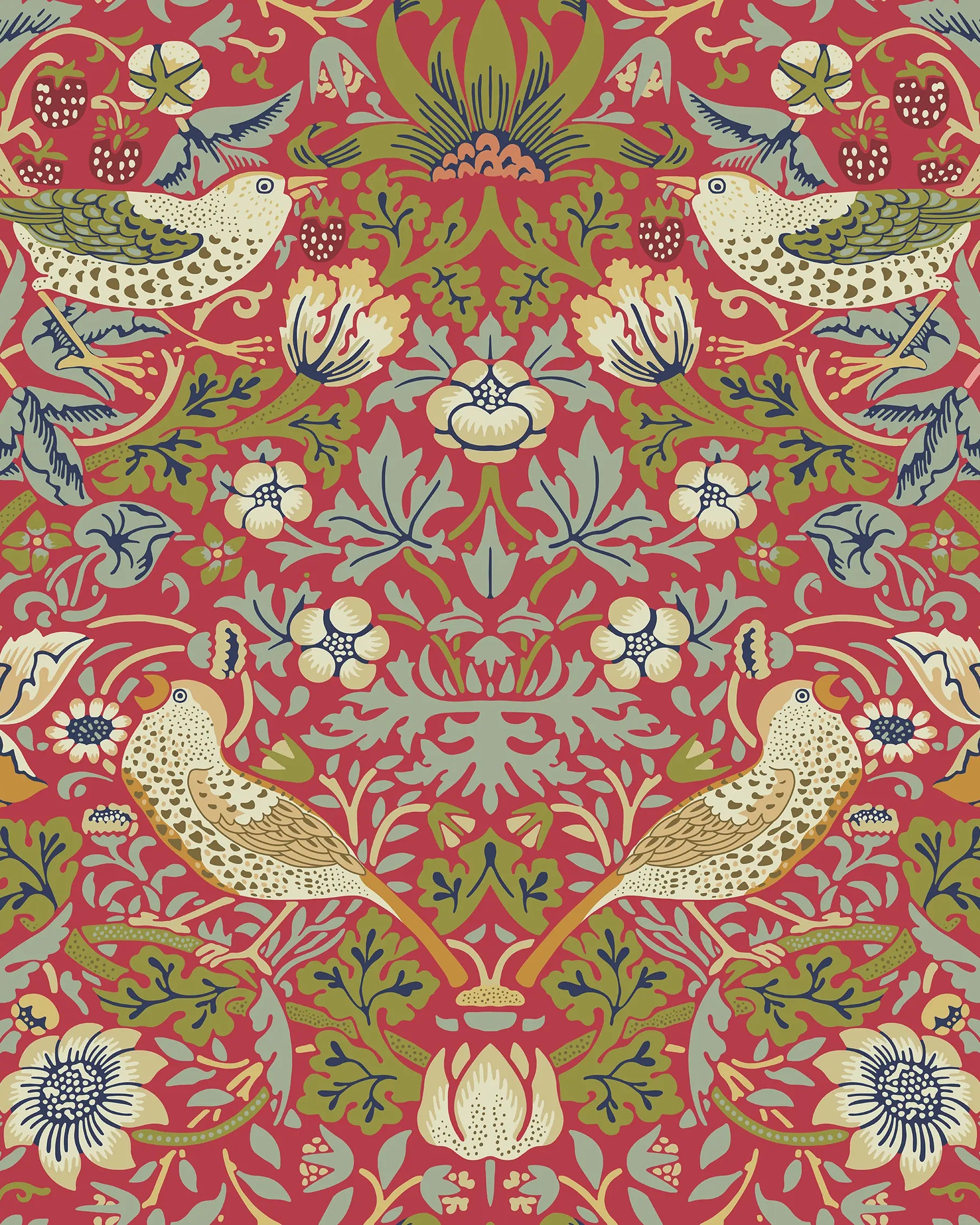 Decorative fabric pattern with birds and flowers on a red background