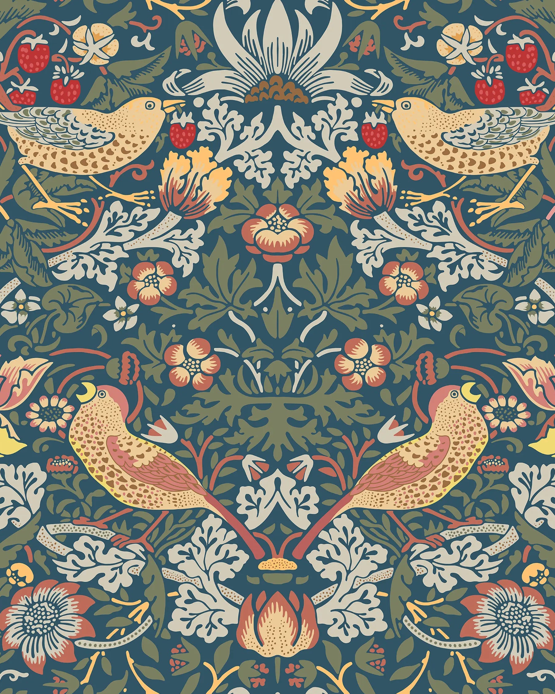 Decorative pattern with birds and flowers on a dark blue background