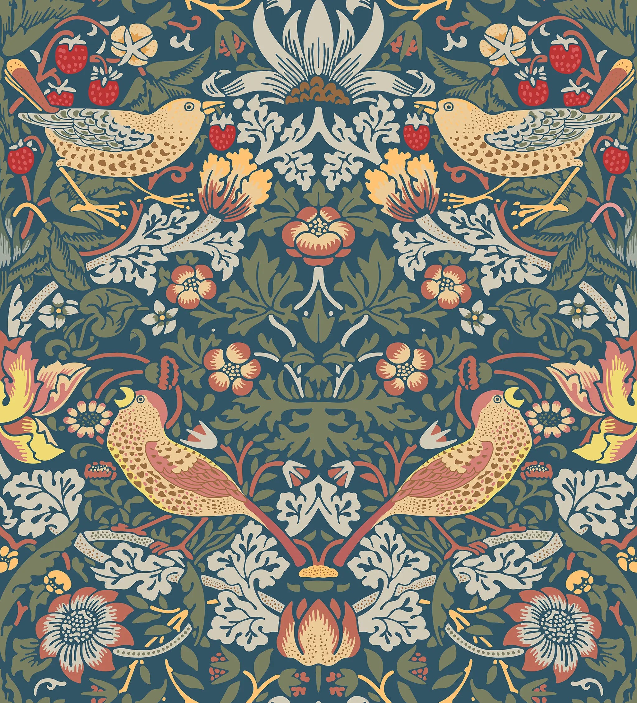 Decorative pattern with birds and flowers on a dark blue background