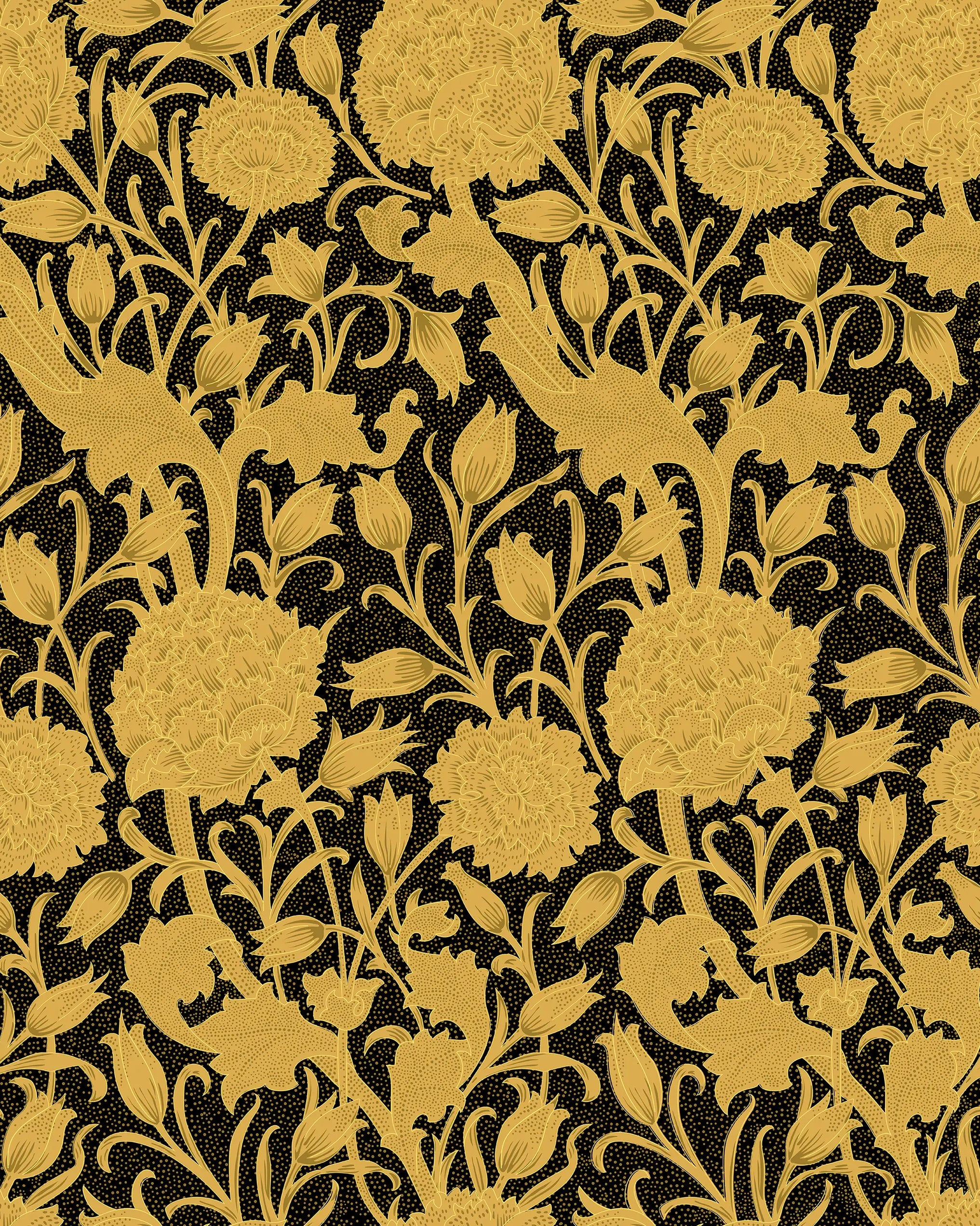 Gold floral pattern on a black background