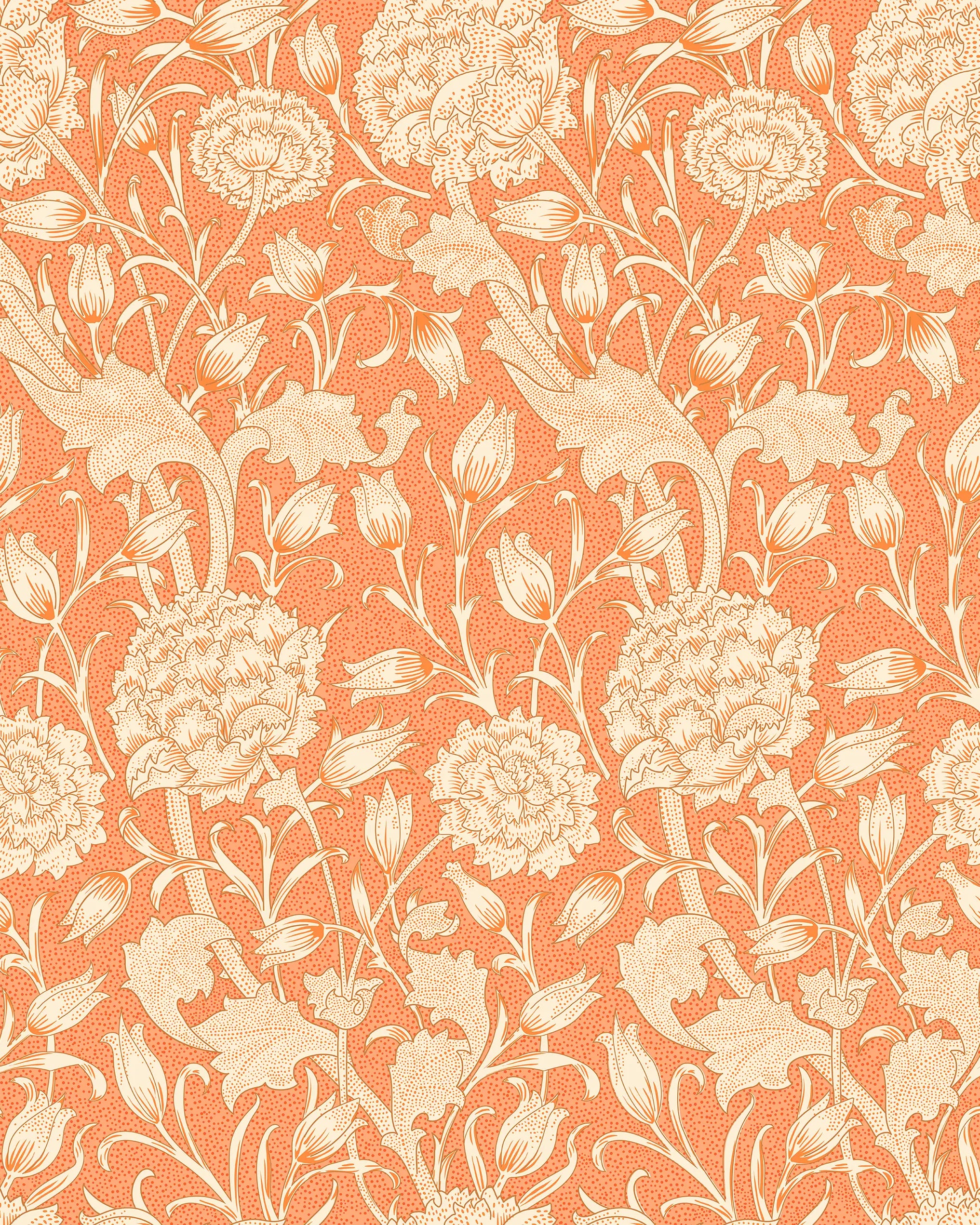 Floral pattern with birds on a coral background