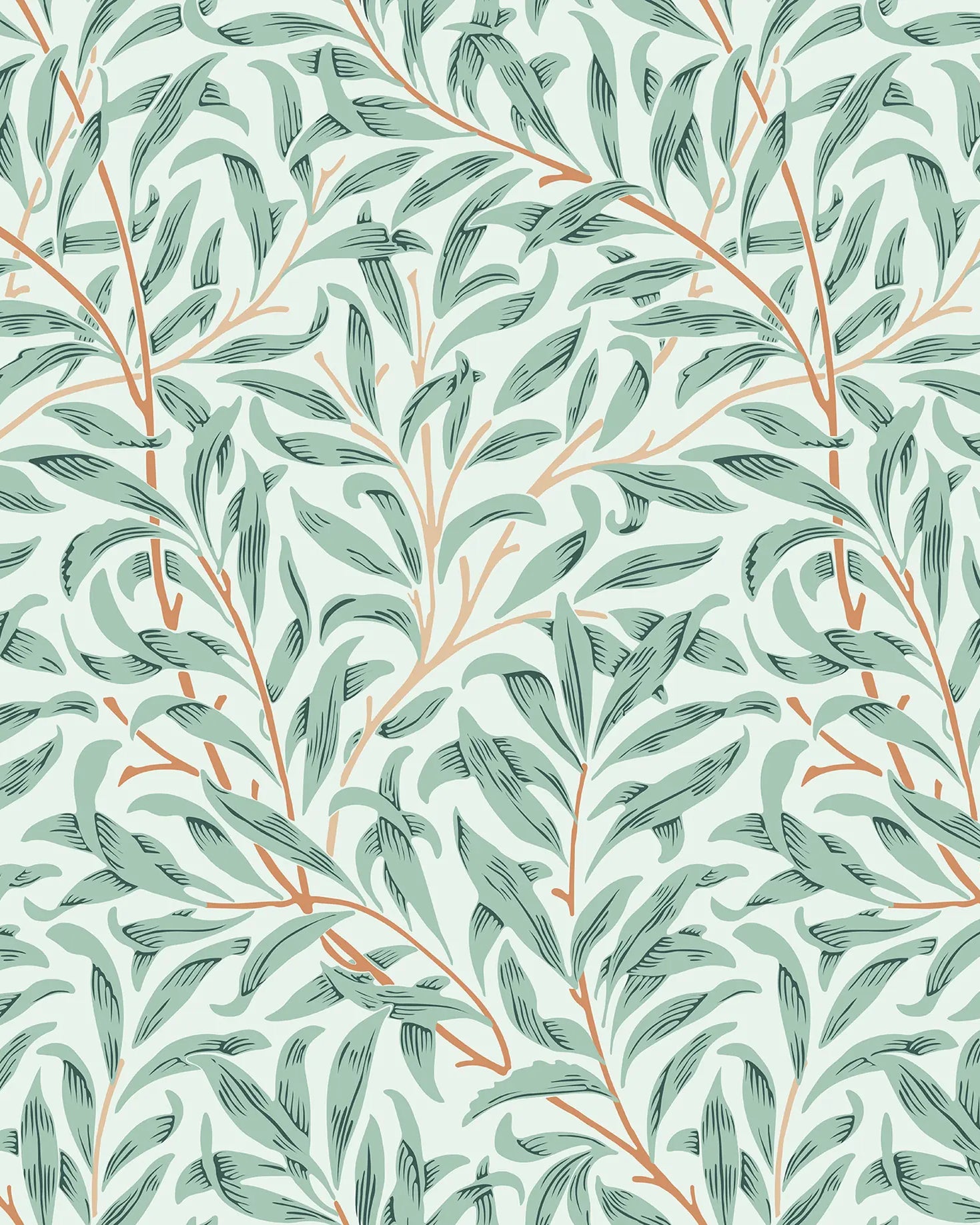 Pattern of green leaves and branches on a light blue background