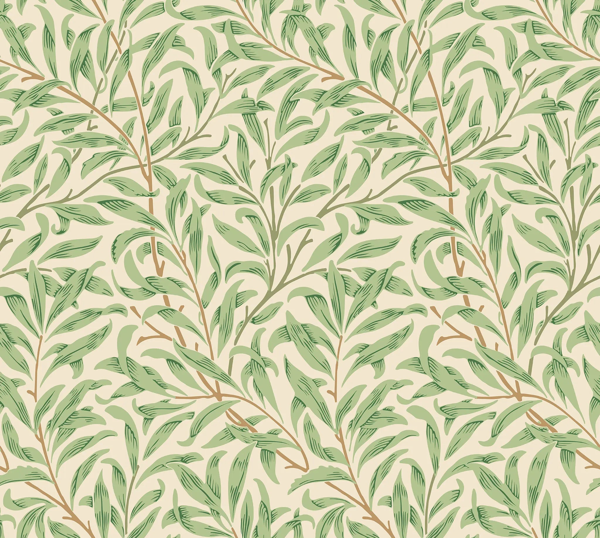 Pattern of green leaves and branches on a beige background