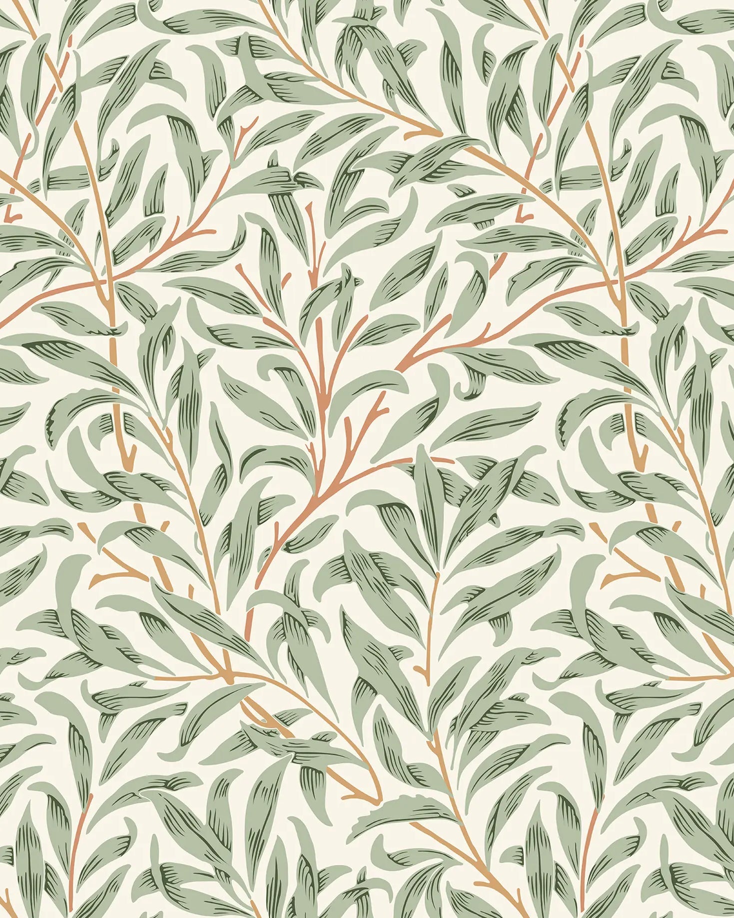 Pattern of green leaves and branches on a light background