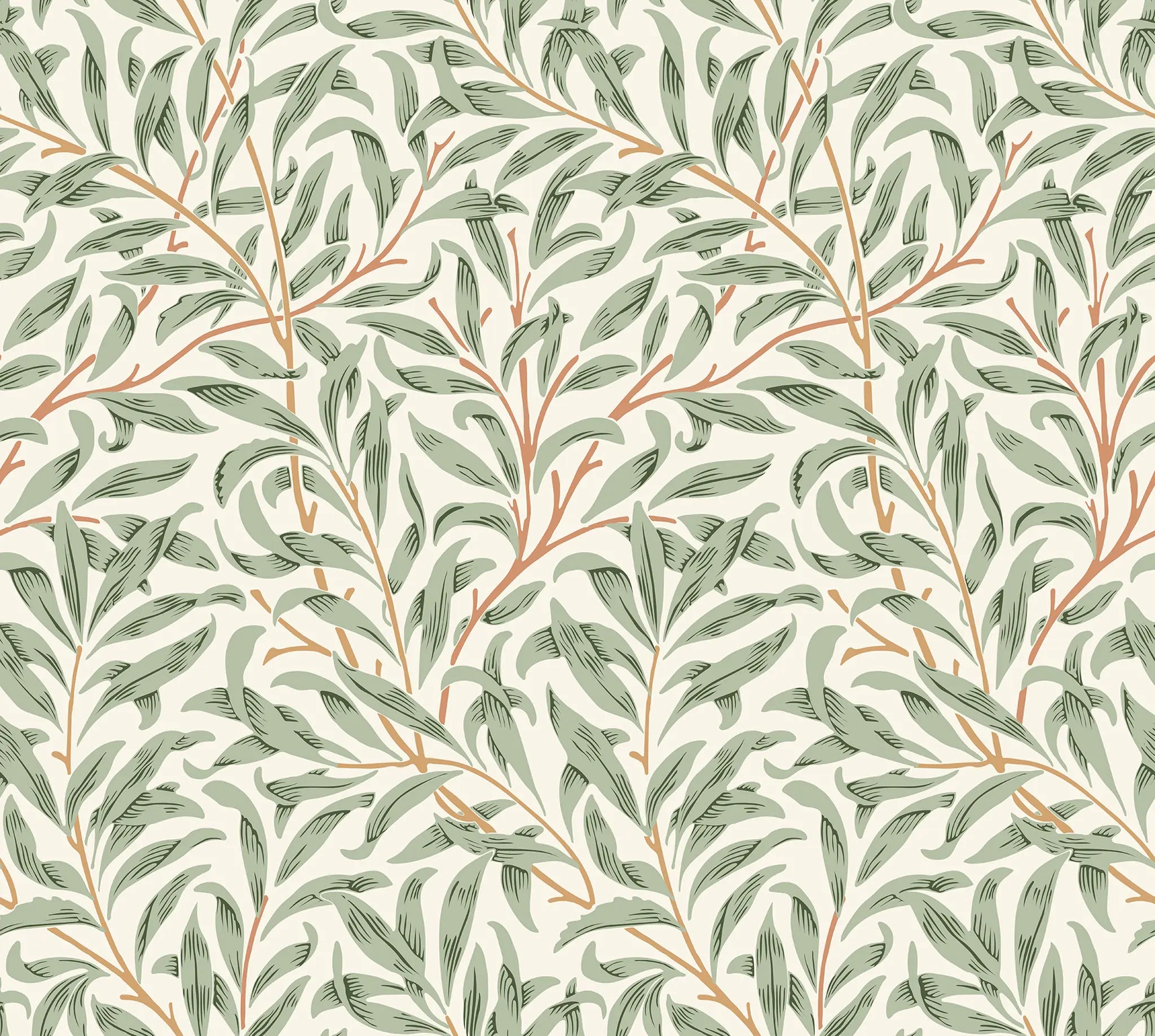 Pattern of green leaves and branches on a light background