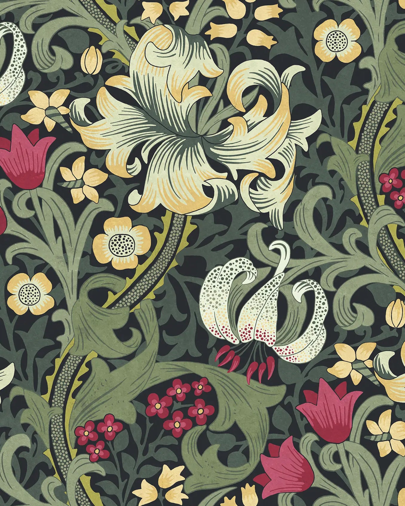 Floral pattern with green, yellow, and red flowers on a dark background