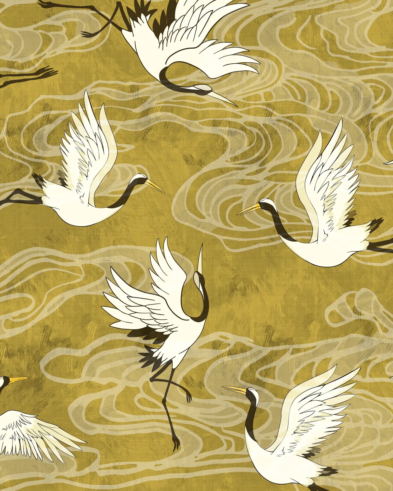 Pattern of white cranes on a gold background