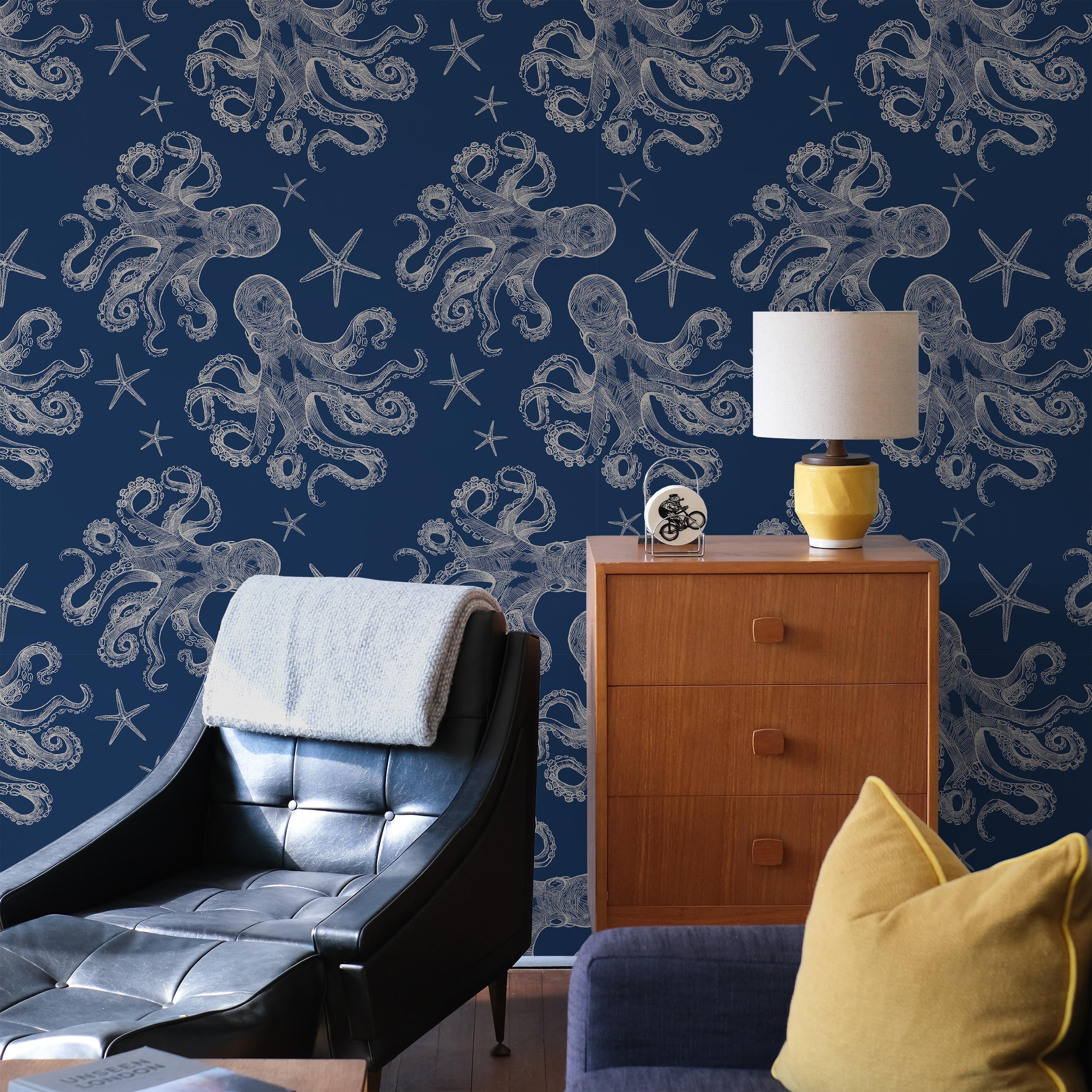 Blue Octopus Peel and Stick Wallpaper, Removable Wallpaper, Traditional Wallpaper | DeccoPrint
