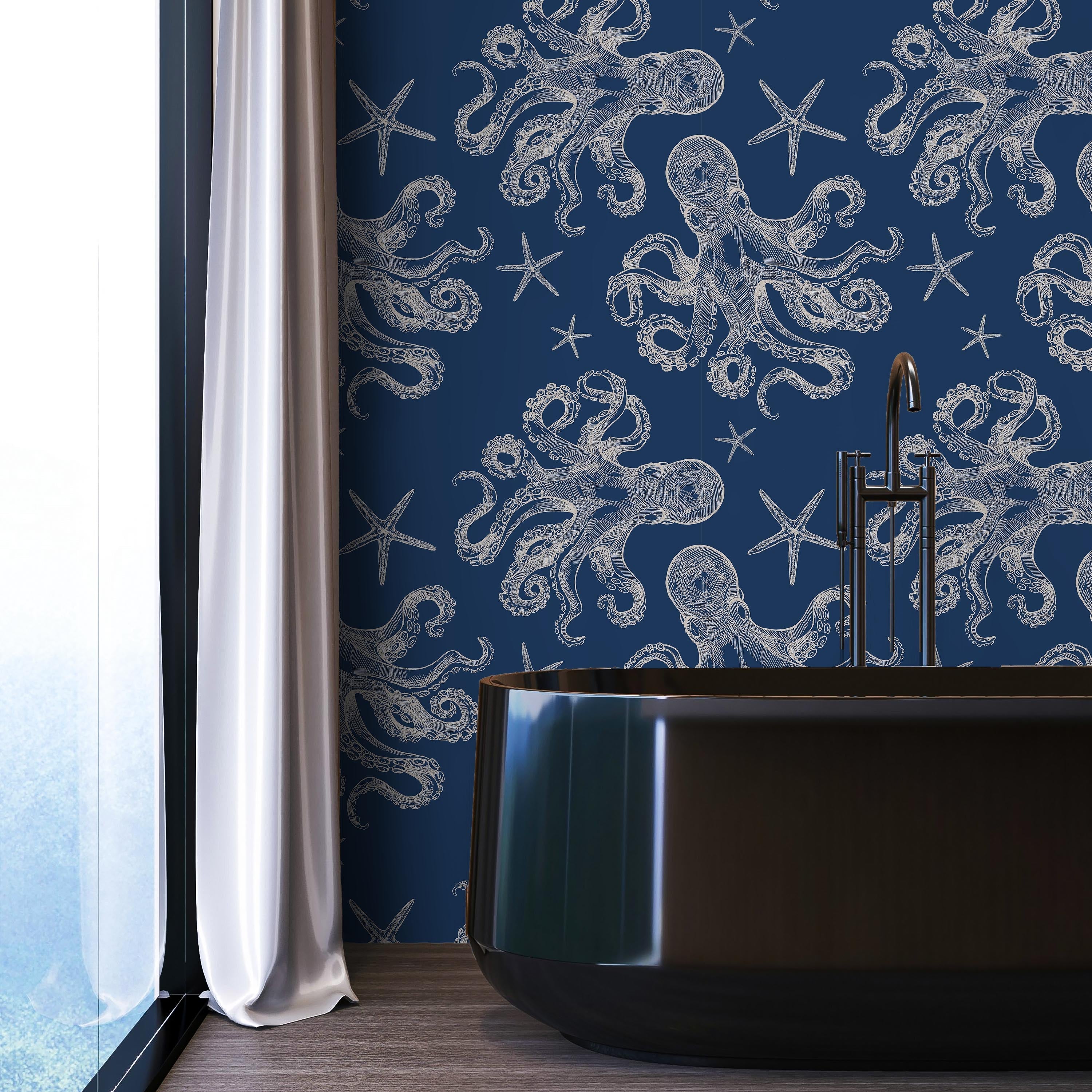 Blue Octopus Peel and Stick Wallpaper, Removable Wallpaper, Traditional Wallpaper | DeccoPrint