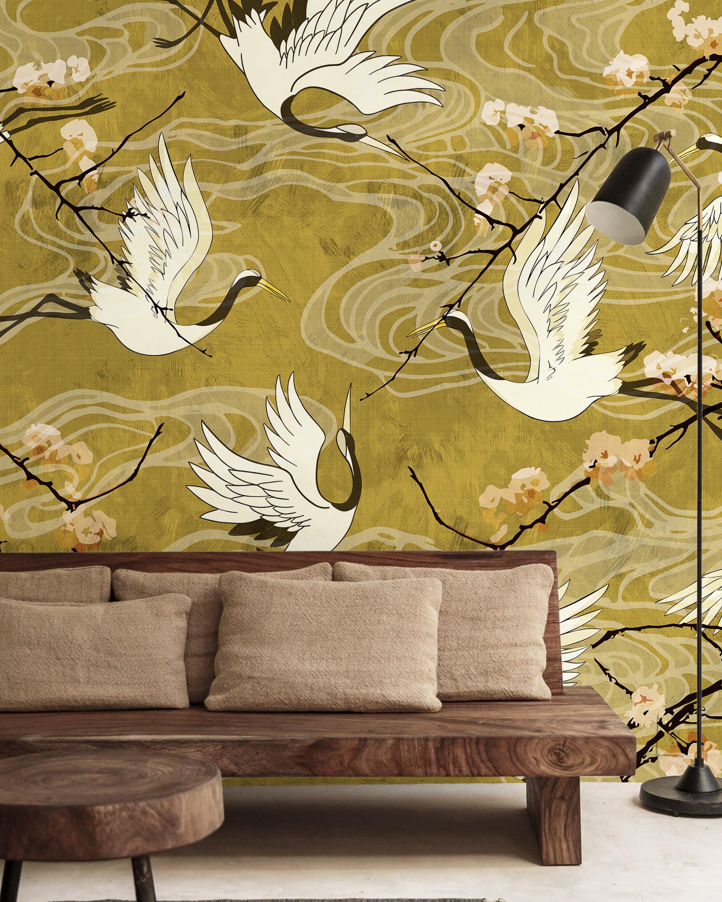 Cranes in Bloom Mural Peel and Stick Wallpaper, Removable Wallpaper, Traditional Wallpaper | DeccoPrint