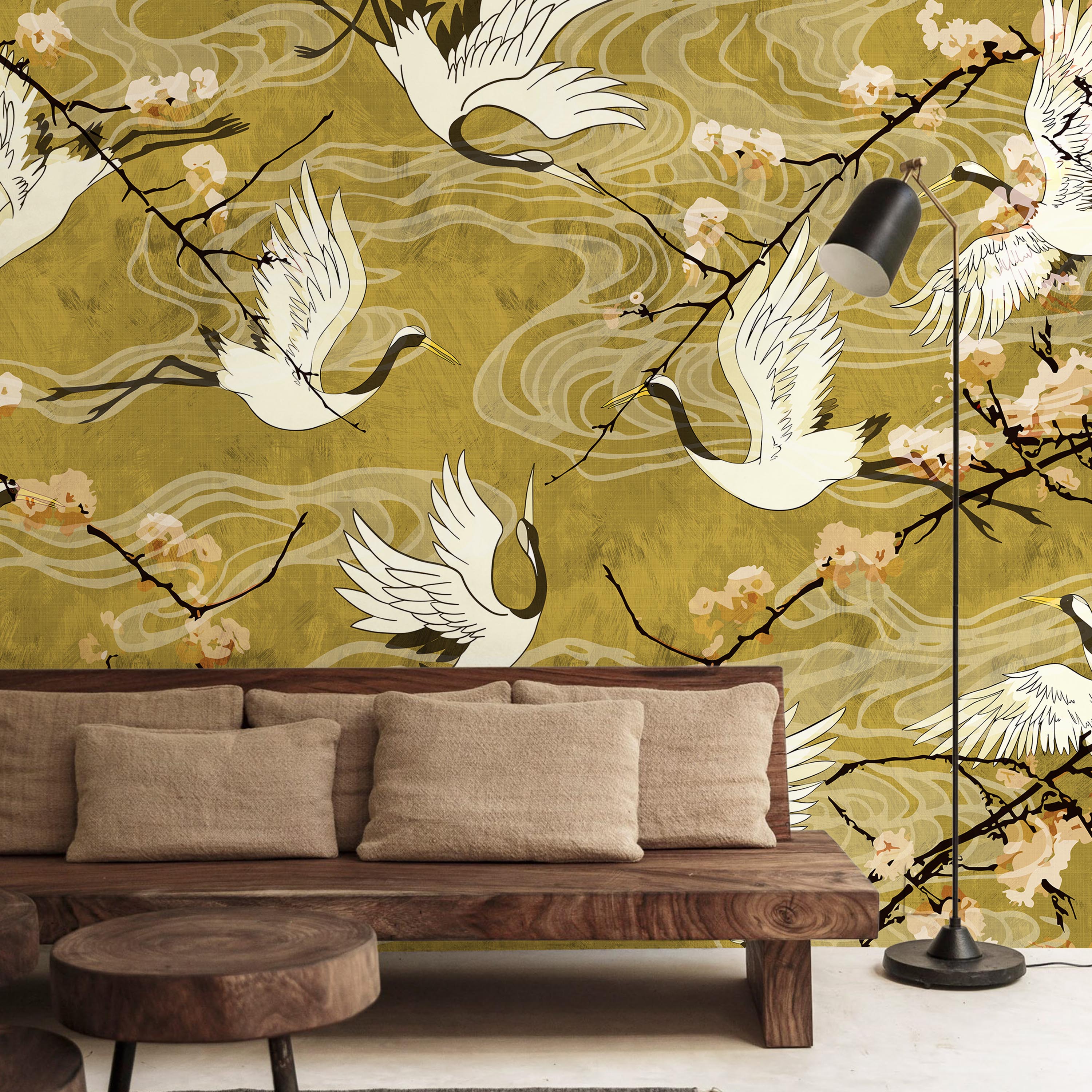 Cranes in Bloom Mural Peel and Stick Wallpaper, Removable Wallpaper, Traditional Wallpaper | DeccoPrint