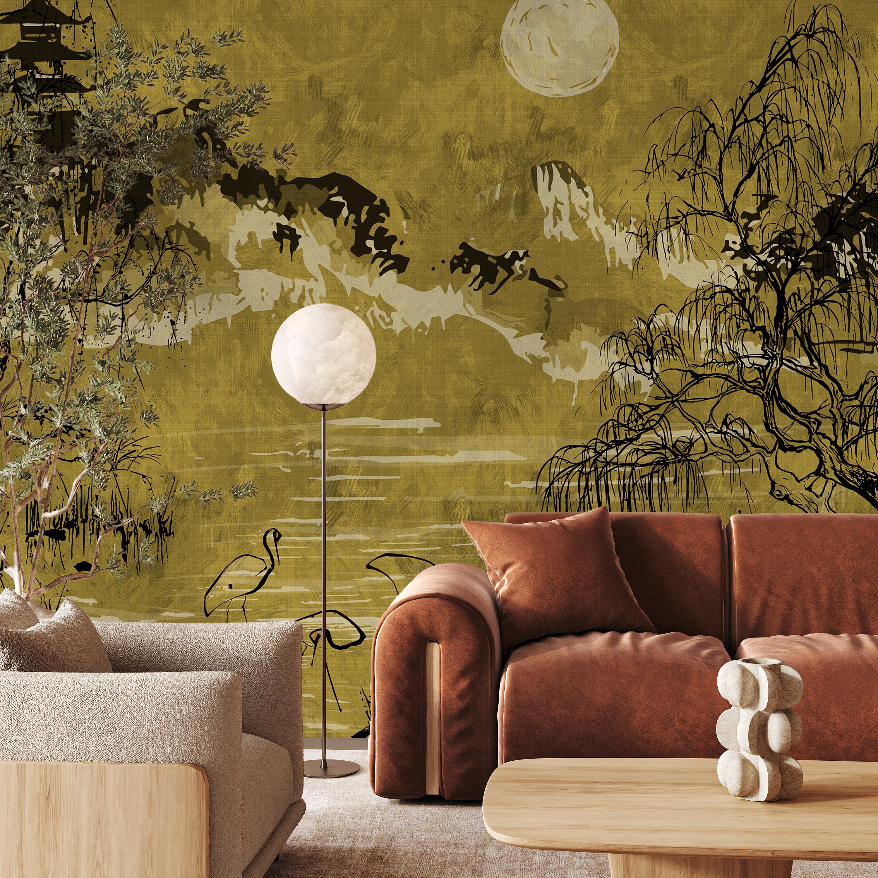 Whispers of the Willow Mural Peel and Stick Wallpaper, Removable Wallpaper, Traditional Wallpaper - Yellow | DeccoPrint