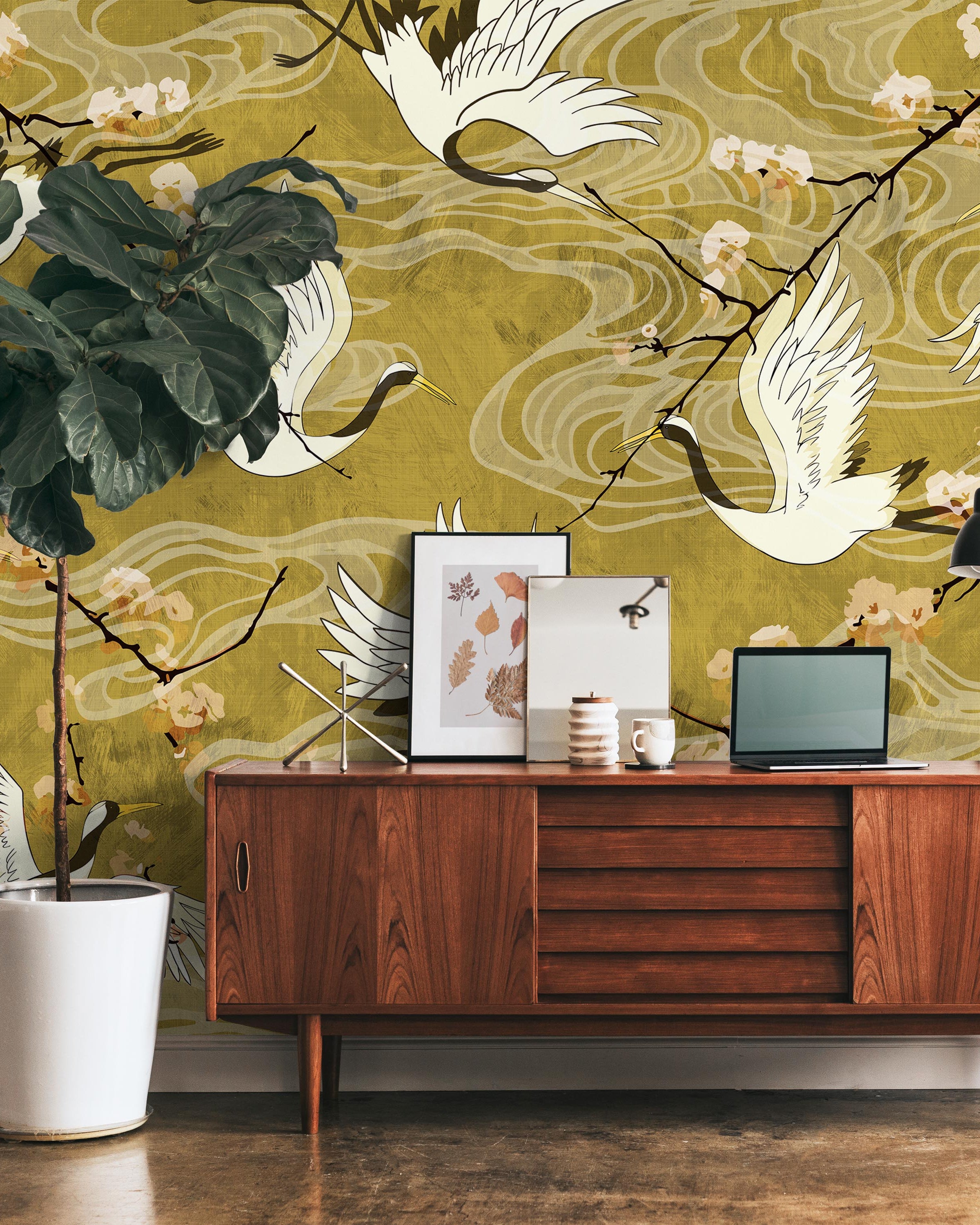 Cranes in Bloom Mural Peel and Stick Wallpaper, Removable Wallpaper, Traditional Wallpaper | DeccoPrint