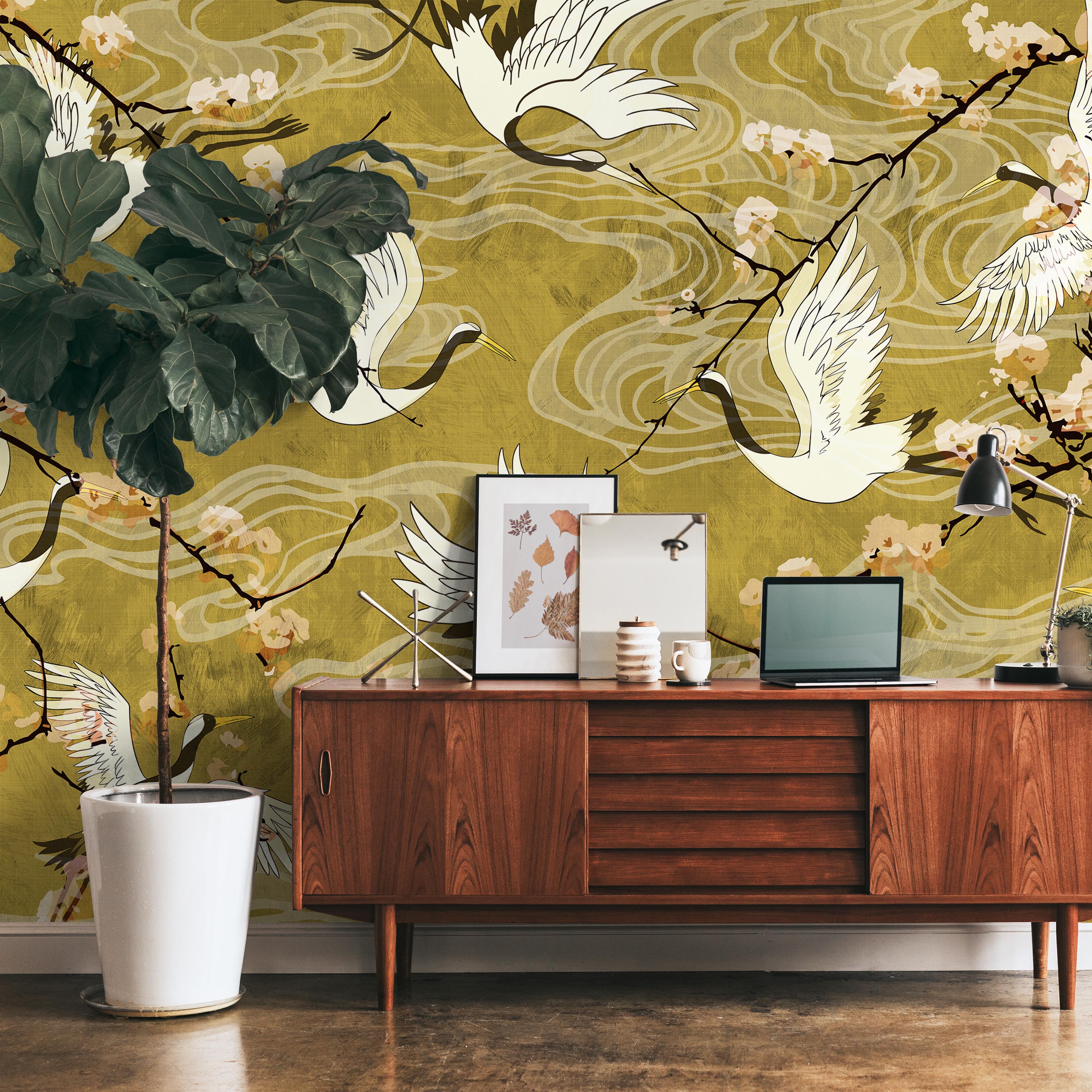 Cranes in Bloom Mural Peel and Stick Wallpaper, Removable Wallpaper, Traditional Wallpaper | DeccoPrint