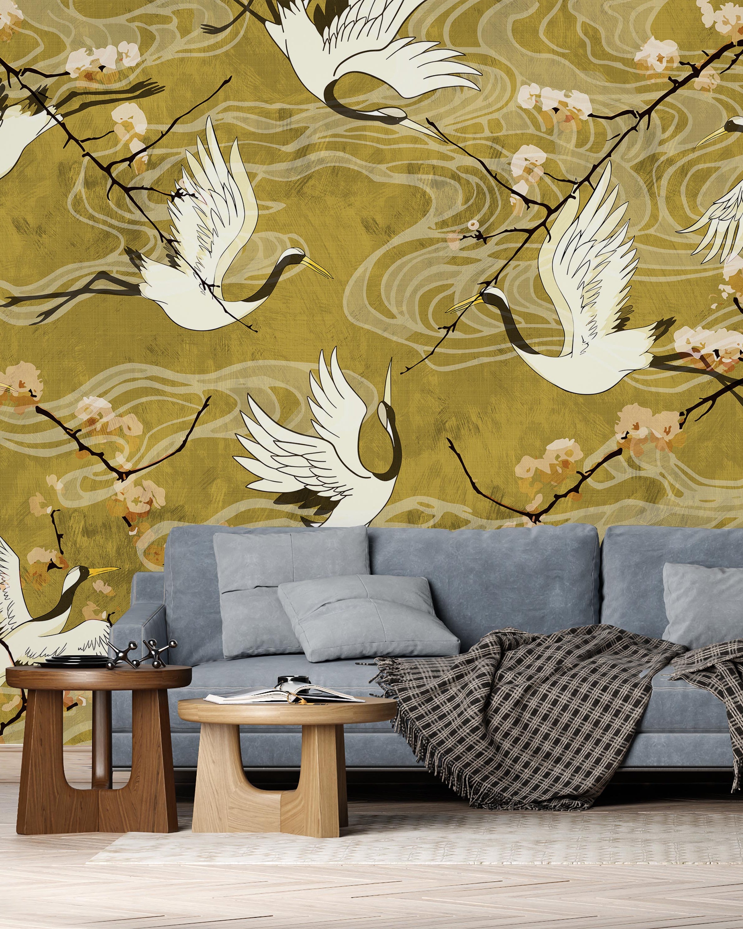 Cranes in Bloom Mural Peel and Stick Wallpaper, Removable Wallpaper, Traditional Wallpaper | DeccoPrint