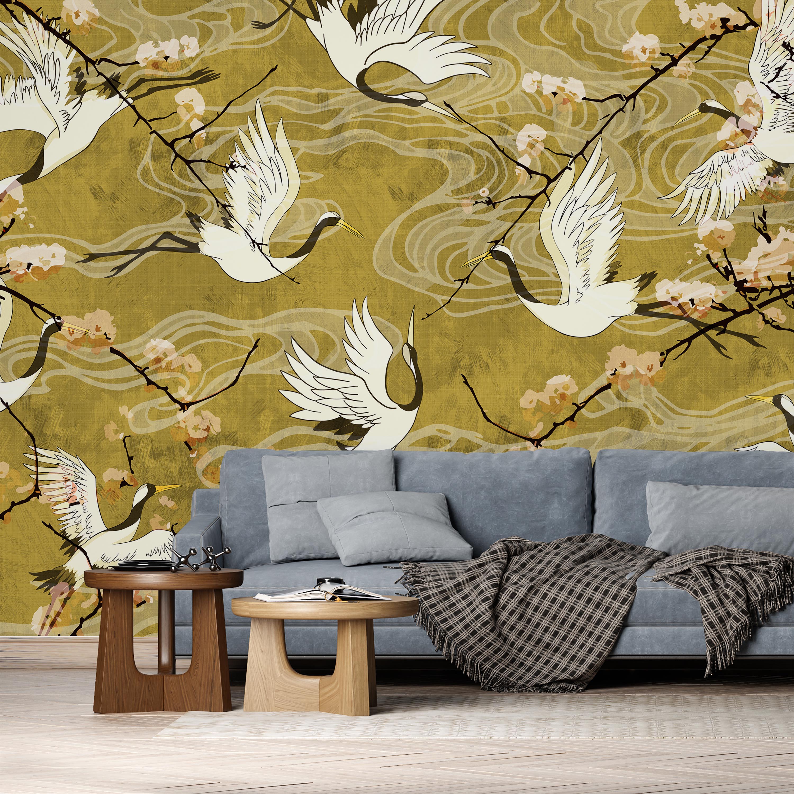 Cranes in Bloom Mural Peel and Stick Wallpaper, Removable Wallpaper, Traditional Wallpaper | DeccoPrint