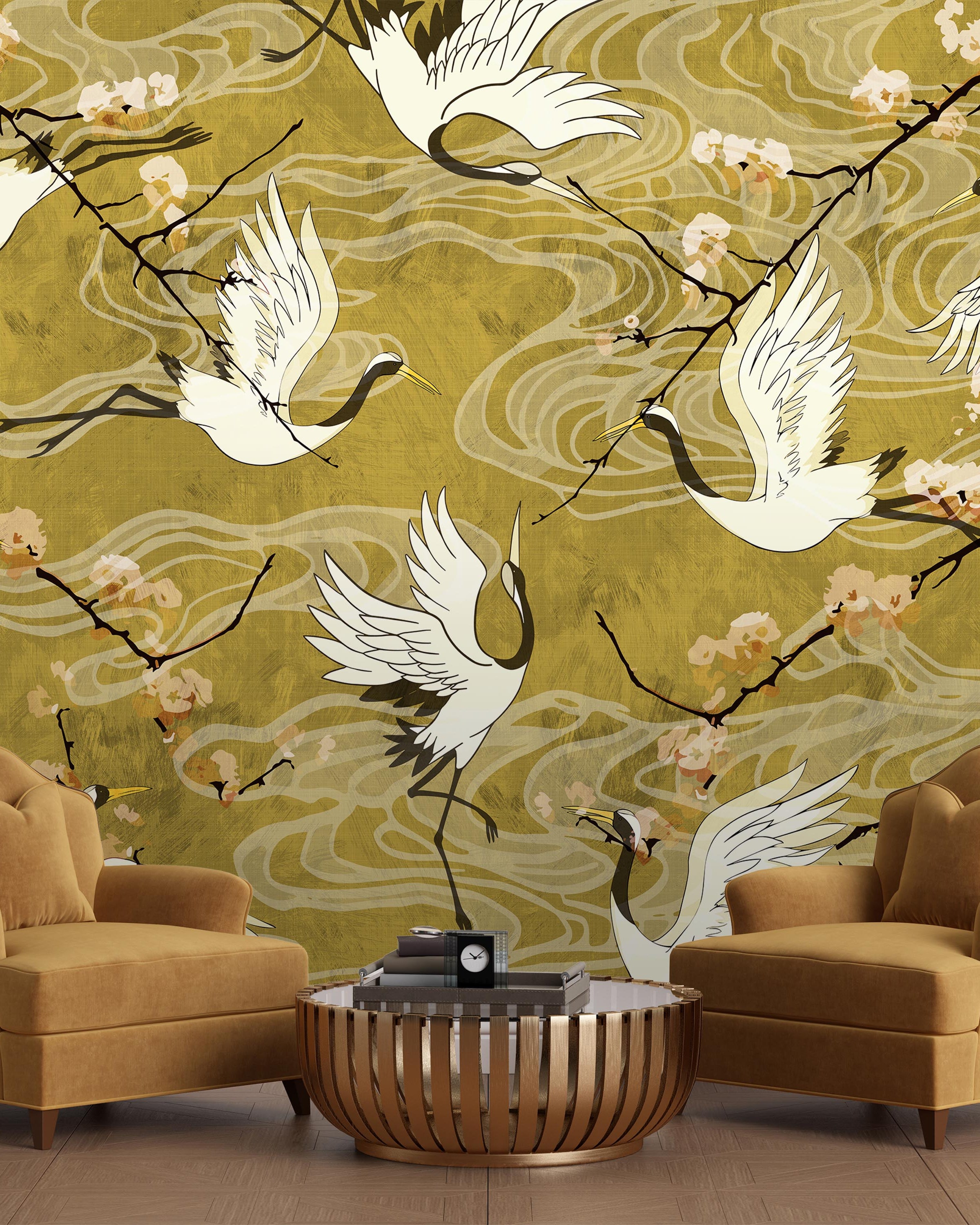 Cranes in Bloom Mural Peel and Stick Wallpaper, Removable Wallpaper, Traditional Wallpaper | DeccoPrint