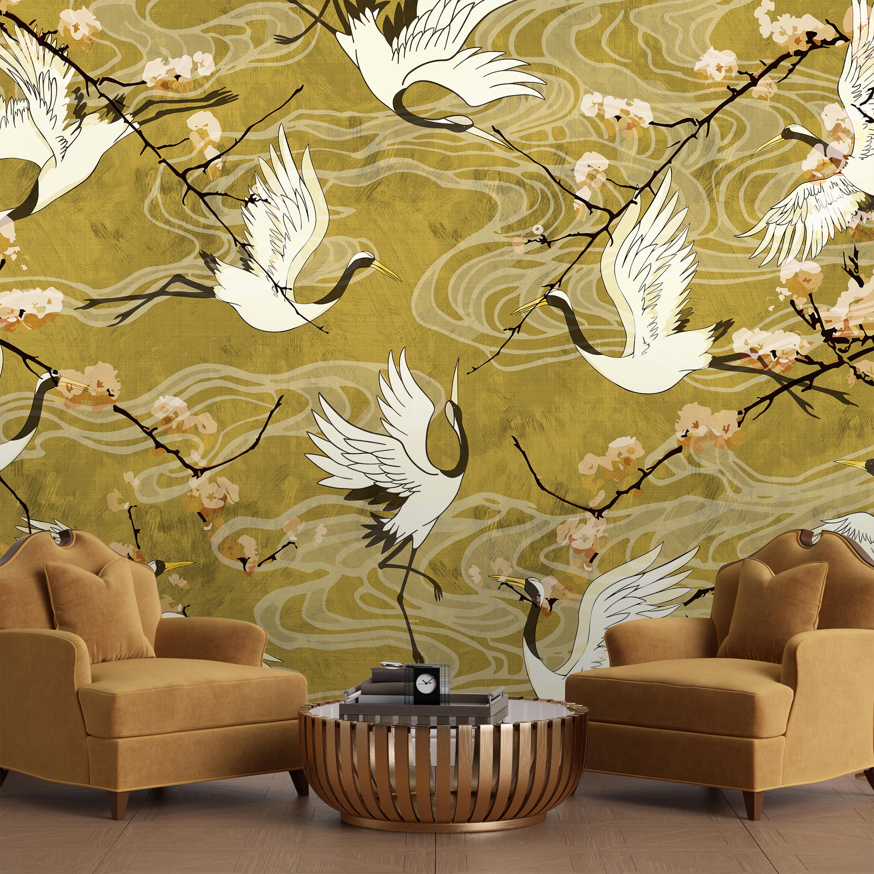 Cranes in Bloom Mural Peel and Stick Wallpaper, Removable Wallpaper, Traditional Wallpaper | DeccoPrint
