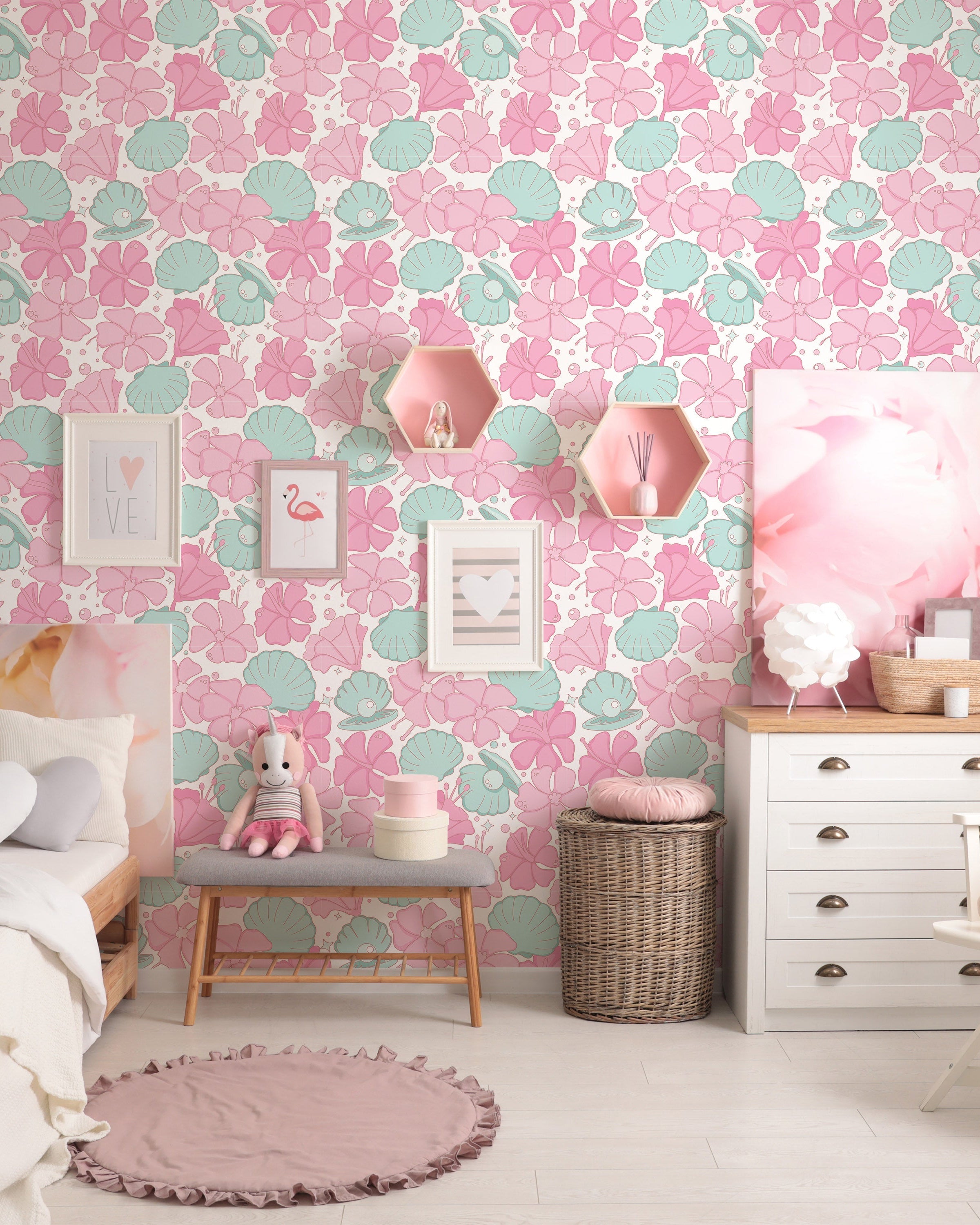 Hibiscus and Pearls Peel and Stick Wallpaper, Removable Wallpaper, Traditional Wallpaper | DeccoPrint