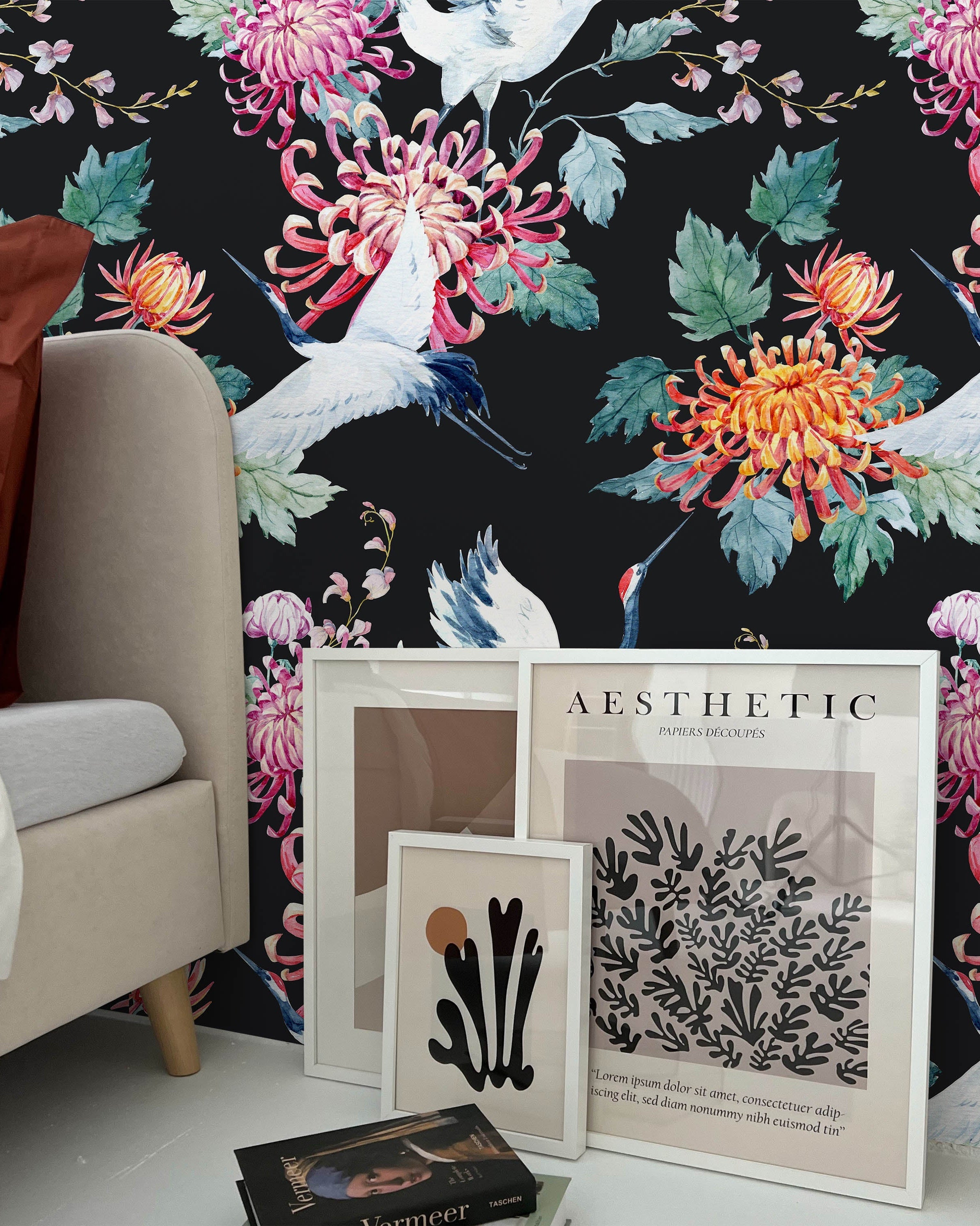 Red Heads Crane Peel and Stick Wallpaper, Removable Wallpaper, Traditional Wallpaper | DeccoPrint