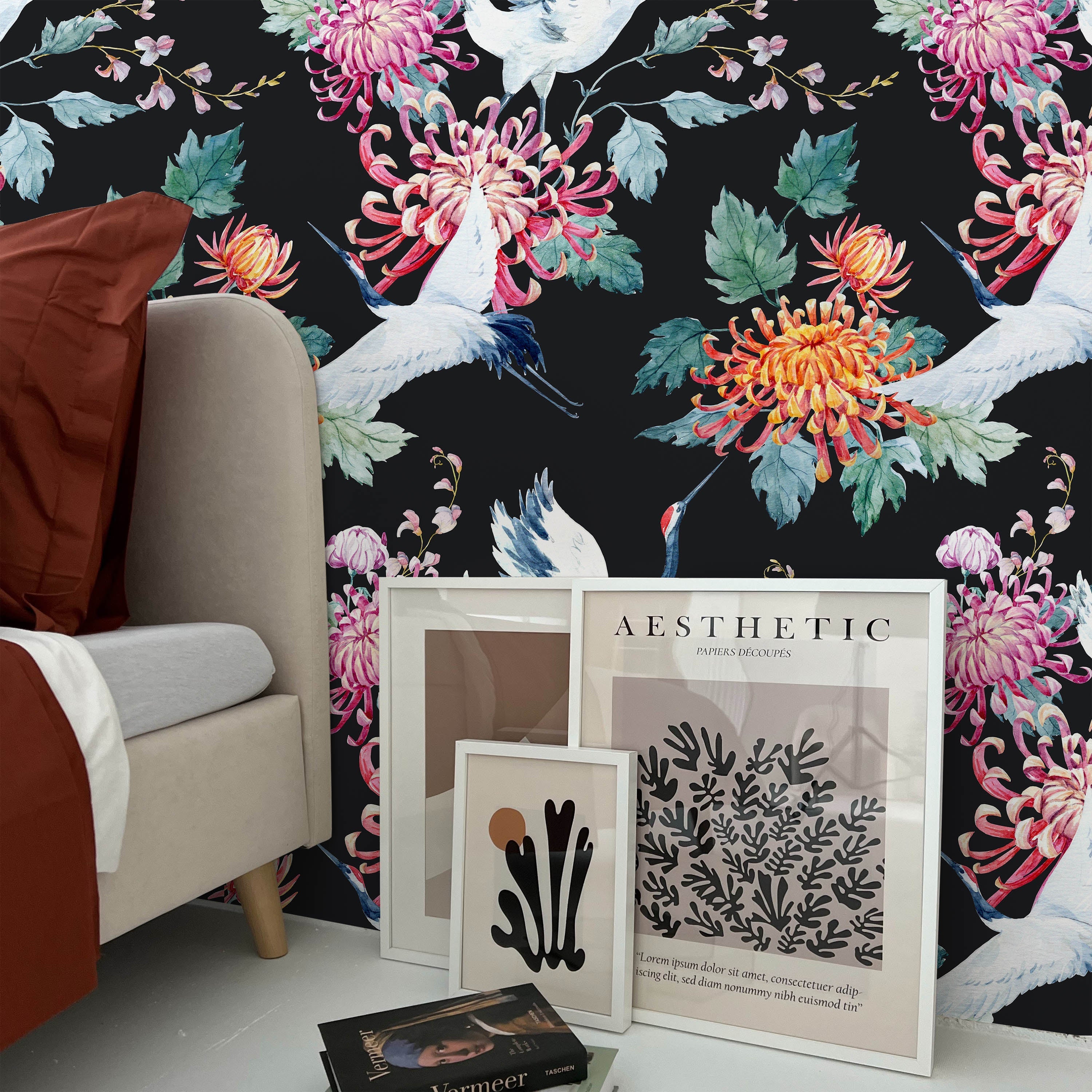 Red Heads Crane Peel and Stick Wallpaper, Removable Wallpaper, Traditional Wallpaper | DeccoPrint