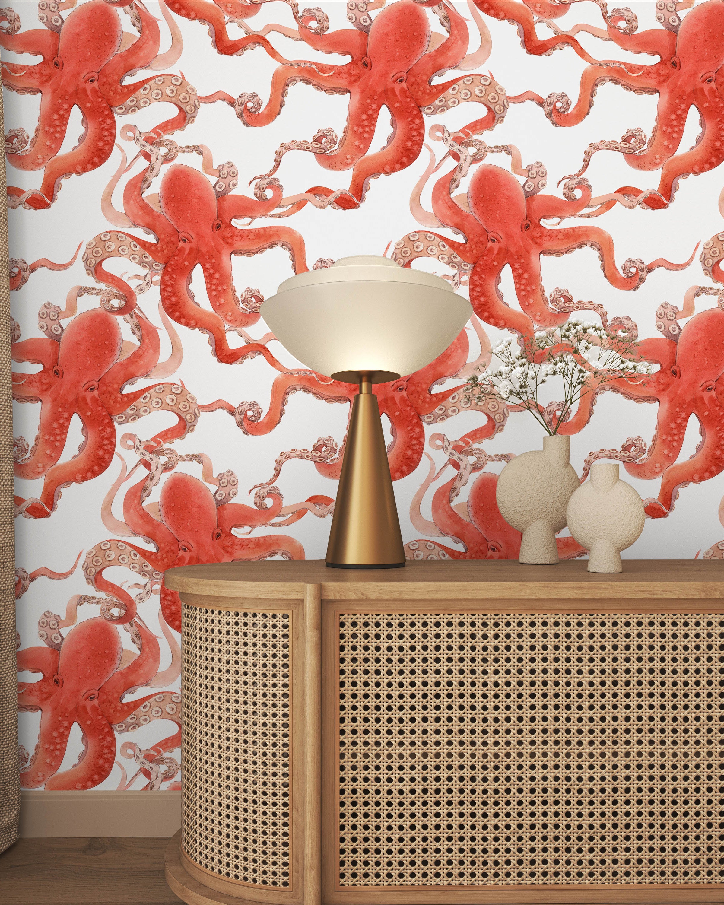 Red Octopus Peel and Stick Wallpaper, Removable Wallpaper, Traditional Wallpaper | DeccoPrint