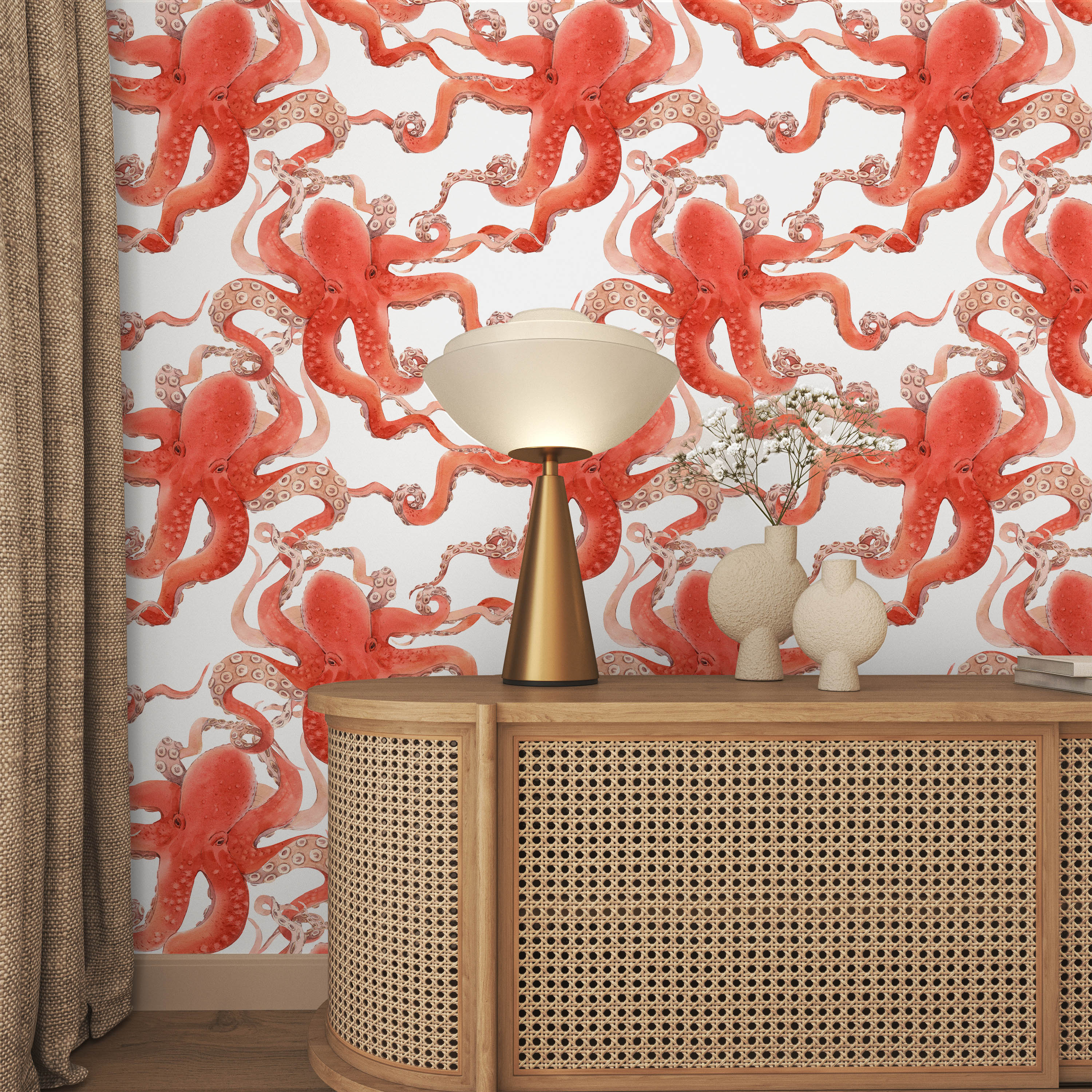 Red Octopus Peel and Stick Wallpaper, Removable Wallpaper, Traditional Wallpaper | DeccoPrint