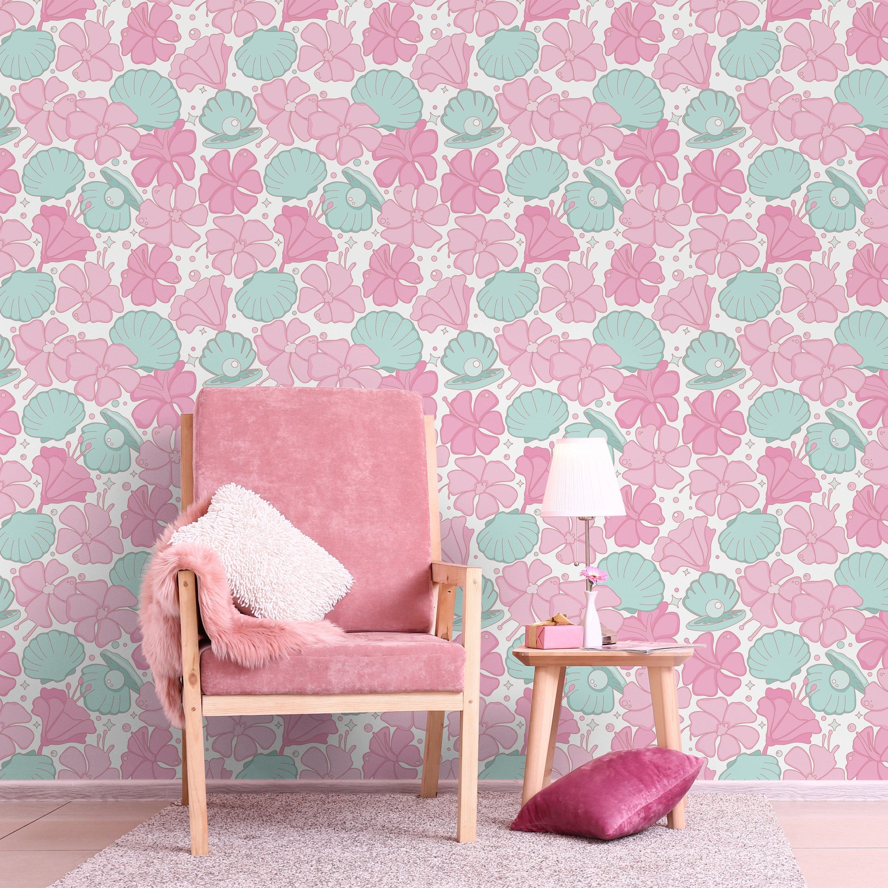 Hibiscus and Pearls Peel and Stick Wallpaper, Removable Wallpaper, Traditional Wallpaper | DeccoPrint
