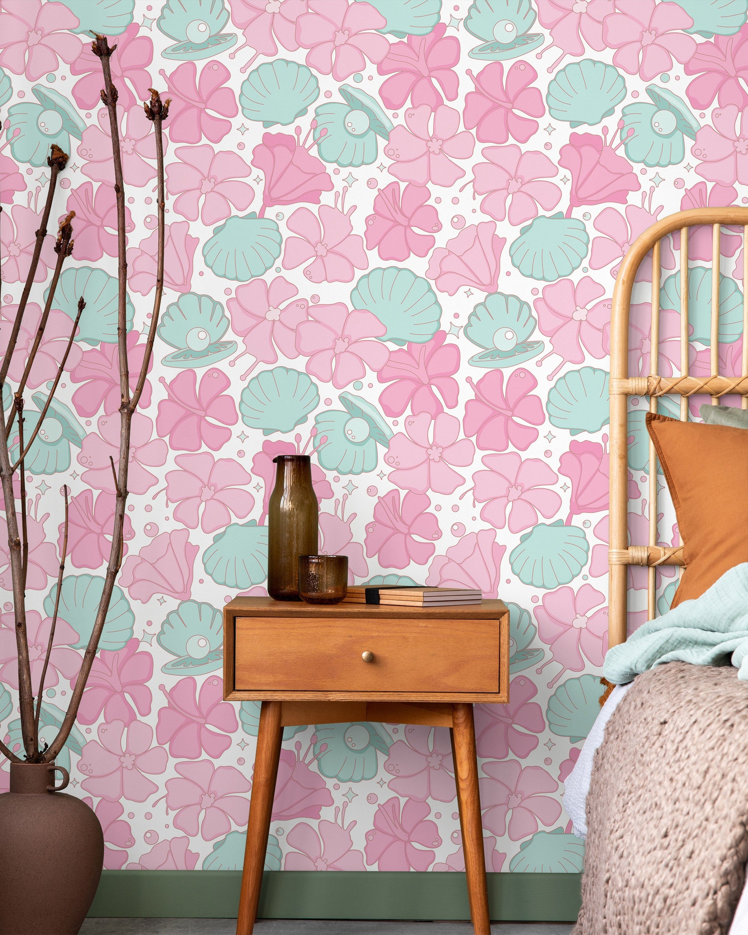 Hibiscus and Pearls Peel and Stick Wallpaper, Removable Wallpaper, Traditional Wallpaper | DeccoPrint